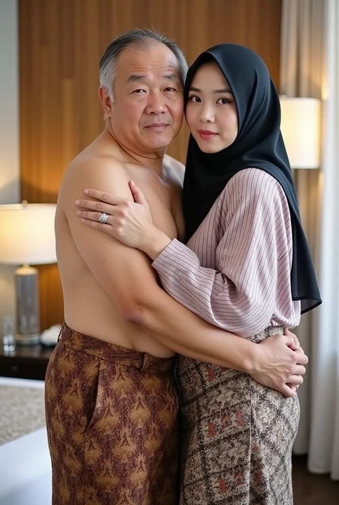 Pale skin ugly Mongolian young teen girl in hijab nude arm nude shoulder breasts talking with her older grandfather on bed bracelet far shot full body sitting threatening unhappy seriously 