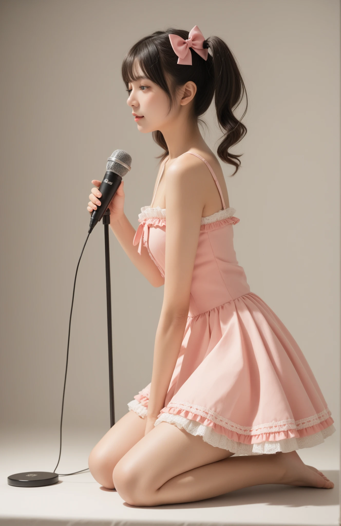 Best Quality, masutepiece, (Photorealistic:2), Ultra High Resolution, Highly detailed, A hyper-realistic, 1girl in, ((head phone)), (Longer dress), Floral pattern, colourfull_hair、(((very_Short_hair))), Short hair, Slim body, Full Shot, Looking at Viewer, ((Music Studio)),  Bright atmosphere, spot light, Detailed background