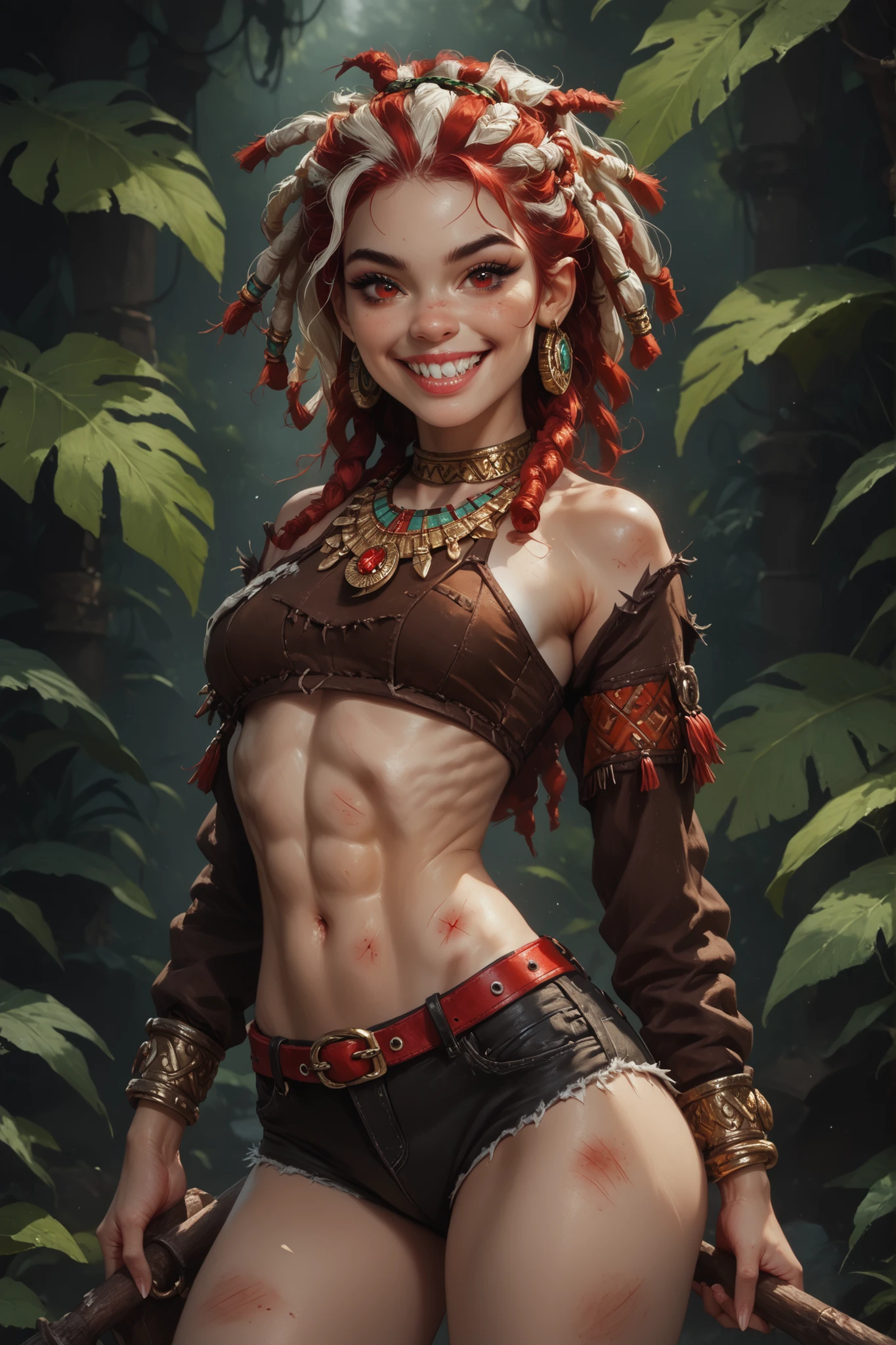 Beaming smile. Slender body. Lean body-type. Marble-White skin. Young face. Cute 18-year-old Aztec and Indonesian girl with Asian red eyes and unnaturally sharp shark-like teeth and dreadlocks (white and red hair). Intense red eyes. Sharp and shark-like teeth. She has a cute and beautiful face. Her body is athletic with abs and A-Cup. She wears a beaten-up Aztec leather top and laced leather hotpants. Background: medieval jungle ruins. Realistic lighting. Looking at the viewer. Drawn like the artist Bob Kehl.