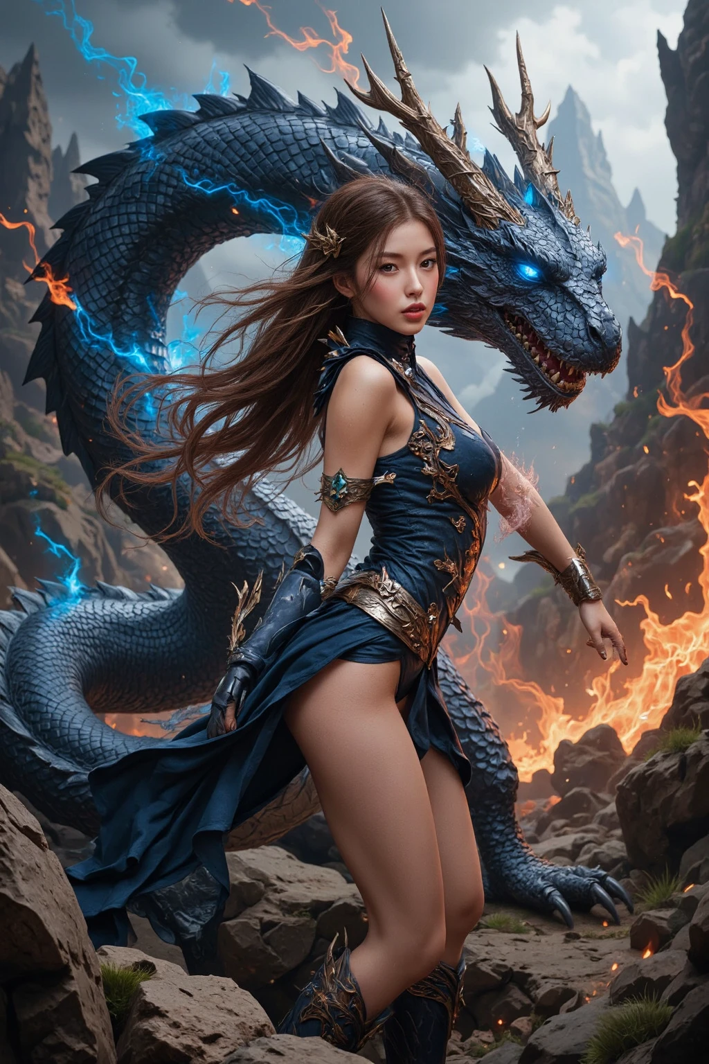 there is a woman with gigantic breast wear kebaya, long batik skirt, holding a detailed traditional sword next to a dragon, epic fantasy art style hd, amazing fantasy art, detailed fantasy art, beautiful fantasy art, fantasy art, hd fantasy art, fantasy art style, epic fantasy digital art style, detailed fantasy digital art, epic fantasy art style, very beautiful fantasy art, realistic fantasy illustration, realistic fantasy artwork, masterpiece, best quality:1.2),,(8k,highres,RAW photo,realistic,photo-realistic:1.3),(detailed skin texture,detailed cloth texture,beautiful detailed face:1.25),professional lighting,photon mapping,beautiful soft light,radiosity,physically-based rendering,raytracing, model shoot style, model shoot style, (extremely detailed CG unity 8k wallpaper), full shot body photo of the most beautiful artwork in the world,