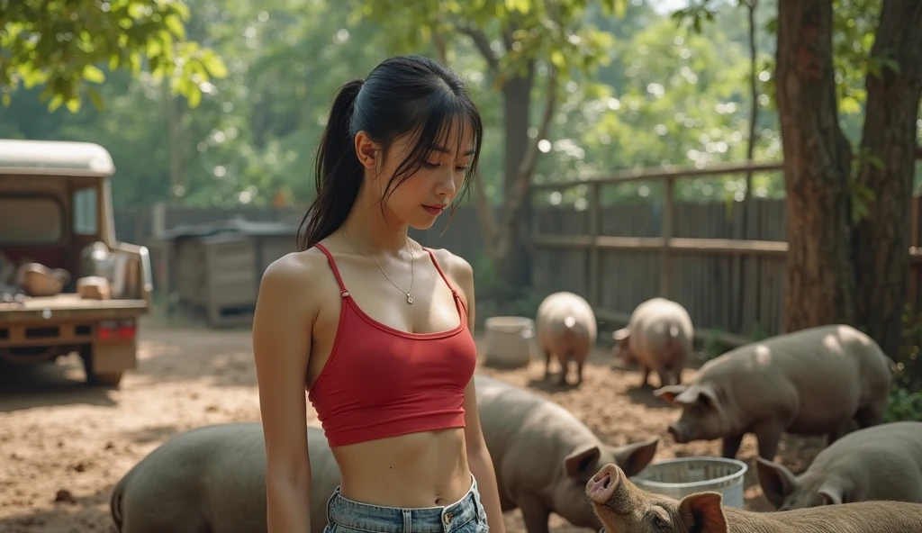 group photo of a girl and a huge pig,stood in the middle of a pig farm,short ponytail,bare shoulders,flat chests,torn tank top,torn shorts,arms behind back,slender legs,realistic scenery,photography carnival,wildlife photography,aurora punk,animal and human styles,upper body,indoor