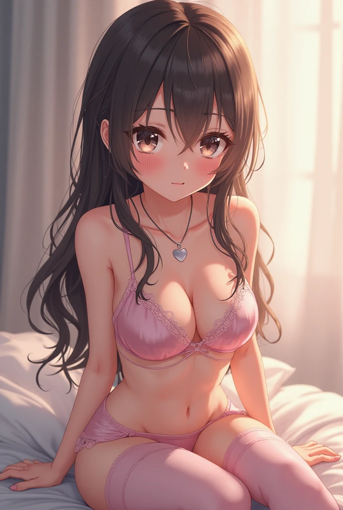 best quality, girl, highres,Hotel、brown hair、medium long hair、inwardly curled hair、white lace bra、white panties、straight hair、17 years old、girl&#39;s room、bed、face down、night、backwards