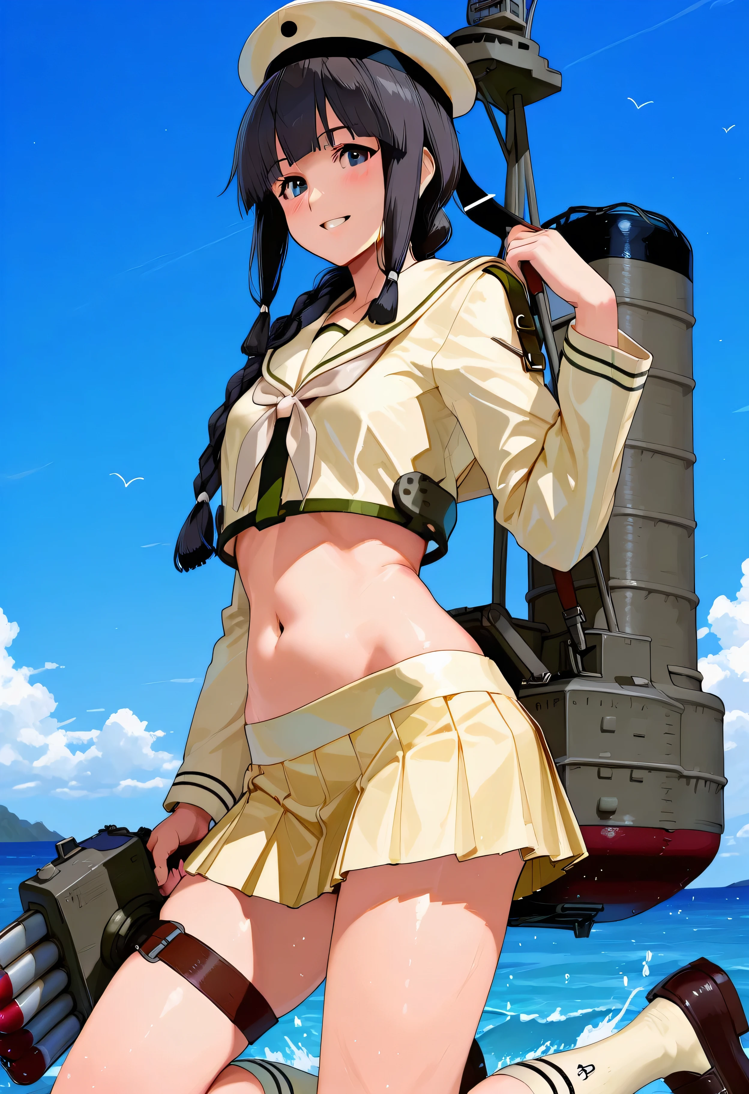 Kitakami [Kai Ni Outfit] (Kantai Collection), 1 girl, 北superior (KanColle), black hair, pleated skirt, Single Braids, school uniform, long sleeve, long hair, sailor suit, side lock, short bang, Neckerchief, sailor color, Headwear ribbon , belly button, thin waist, superior, knee-high, hair bows, loafers, crop top that rubs your back and chest, chest, hair hanging over the shoulders, dark eyes, yellow skirt over swim ring, cowboy shooting, black hair, torpedo, school uniform, pleated skirt, long hair, sailor suit, short bang, machine, superior,  Turret , side lock, cannon, cowboy shooting