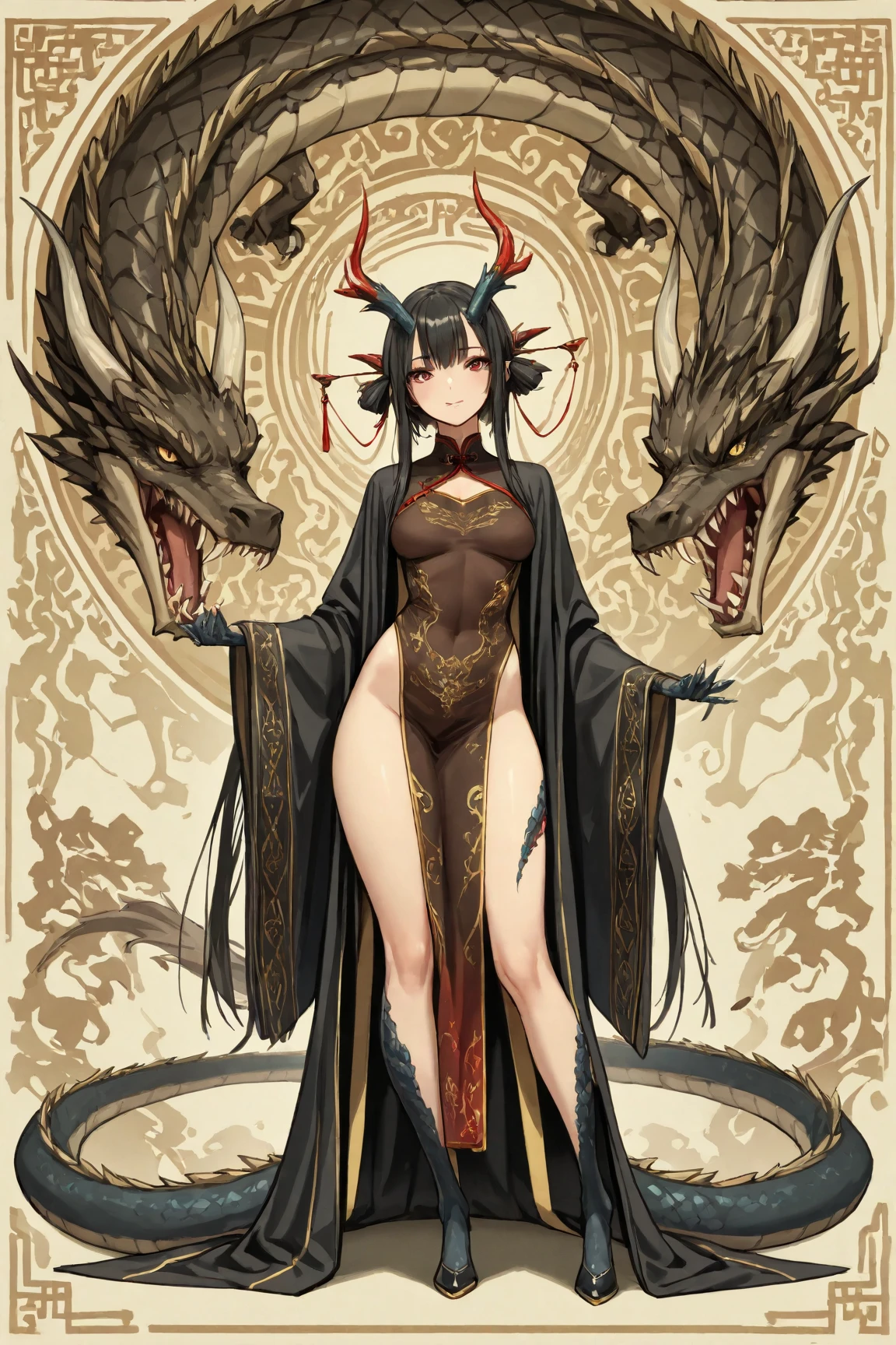 absurd, highres, ultra detailed, (ultra-detailed background, detailed background), extremely detailed, 1girl, demonic woman, red skin on arms, bouquet of black flowers, (zentangle:1.2), (geometric:1.2), colorful, full body, sexy pose, short clothes, dragon tattoo, stars, tiny thong, almost naked, muscular, perfect body, vietnamese ornaments, demon of japanese culture
