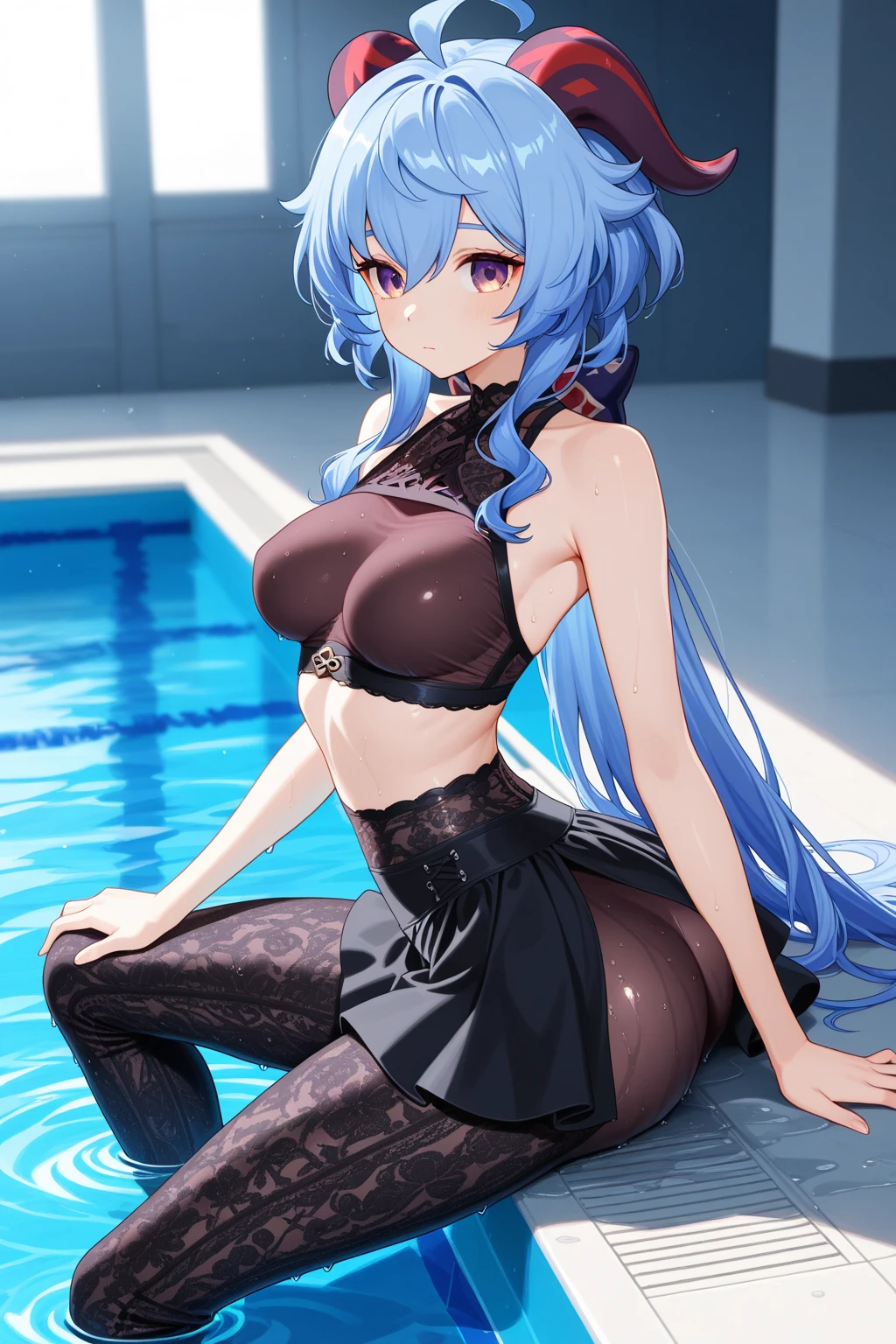 1 woman, HD quality, (ahegao:1.3), (orgasm:1.3), (drooling:1.3), sheer white long thigh-high socks, sheer white satin long gloves, (glowing eyes), best ratio four finger and one thumb,  Large breasts, cleavage, (sitting on a poolside with one knee up), at night, (showing  pubic area), Green eyes, (microbikini swimsuit),  (black high-heeled shoes)