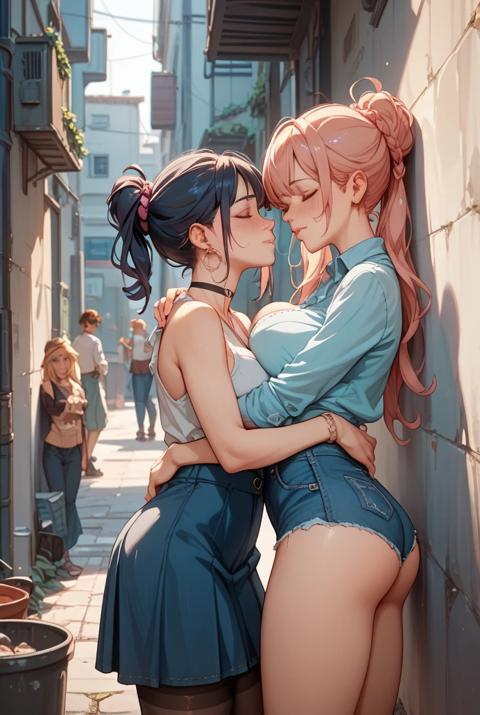 ((Mejor calidad)), ((Obra maestra)), (detallado), cara perfecta,Masturbation behavior, chorros, orinar, Pussy juice, Pussy, clitoris, public, They are standing, polera rota abierta, muchos fluidos, ahegao expretion, pechos descubierto, two girls kissing, lamiendo el pecho de la otra
