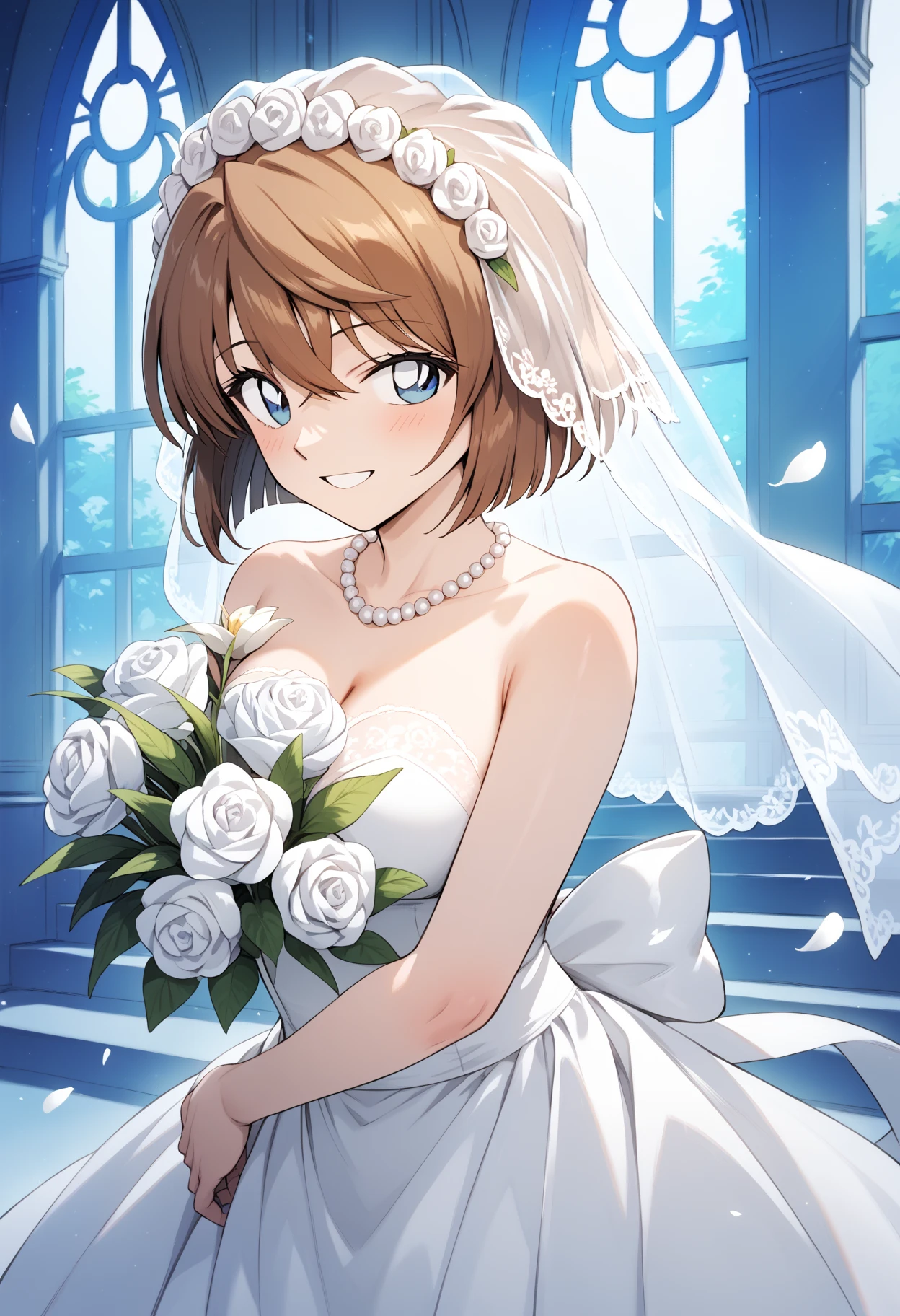 (1 person),(Best image quality, 8k, masterpiece:1.3),((Brown hair bob cut:1.1)),(Swept-apart bangs,Braiding), (Cute eyes, Dark Eyes), (Mole under right eye), (Slender), (Large Breasts),(Glowing Skin:1.1),(Pale skin:1.2),(A fantastic atmosphere),(look up),Ultra-high resolution, Textured skin, Sparkle Effect, Gazing at the audience,

wedding,church,
White lace bra,White lace panties,bride,White garter belt,Holding a blue bouquet,happiness/joy, Wedding dress,Off-the-shoulder dress,Silver Tiara,Cleavage,