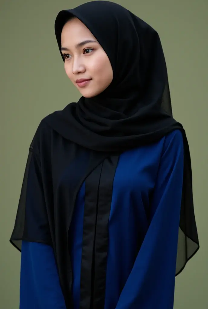 A girl wearing black hijab with cap and blue dress with jeans pants 
