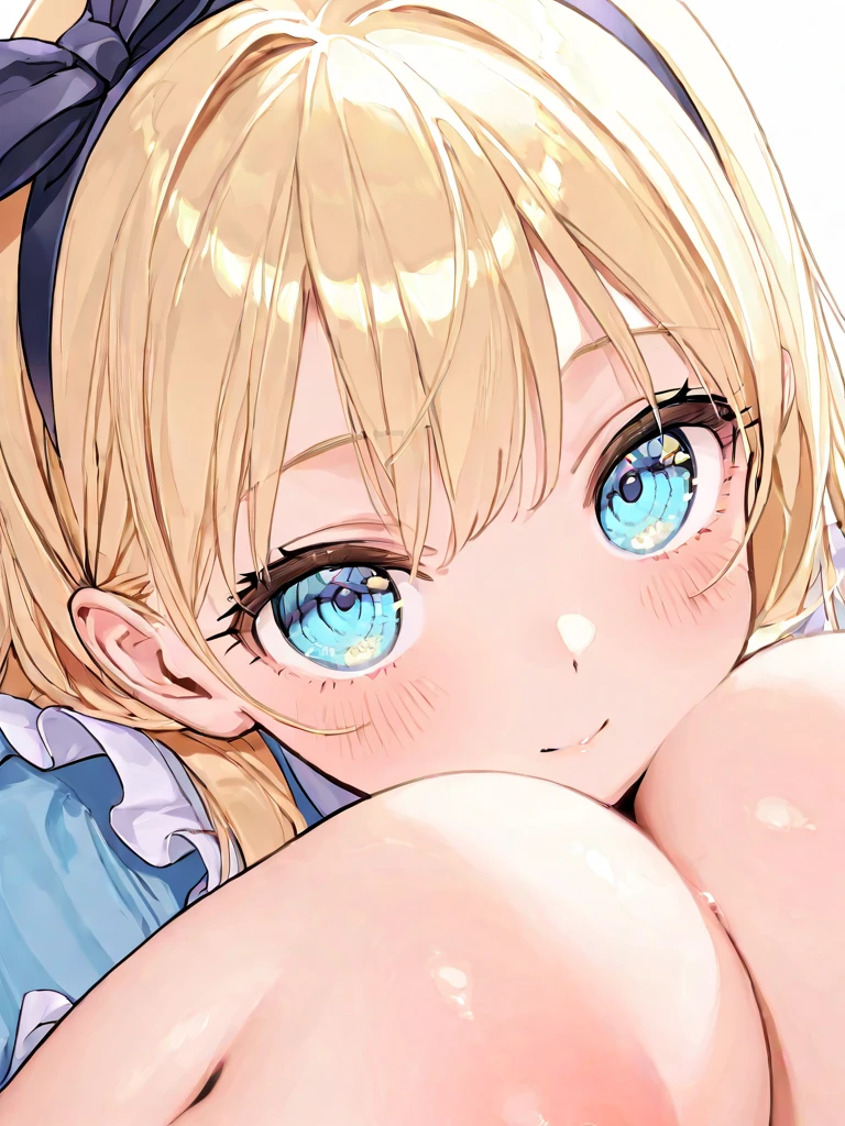 masterpiece, top-quality, 1girl in、Alice Margatroyd, Blonde medium hair(I'm wearing a red headband..),Blue eyes,Bedroom background、Colossal tits、A slender、fullnude、Only the upper body is visible、Face during estrus、Courtship action、Seeking courtship、Beautiful breasts、a closeup