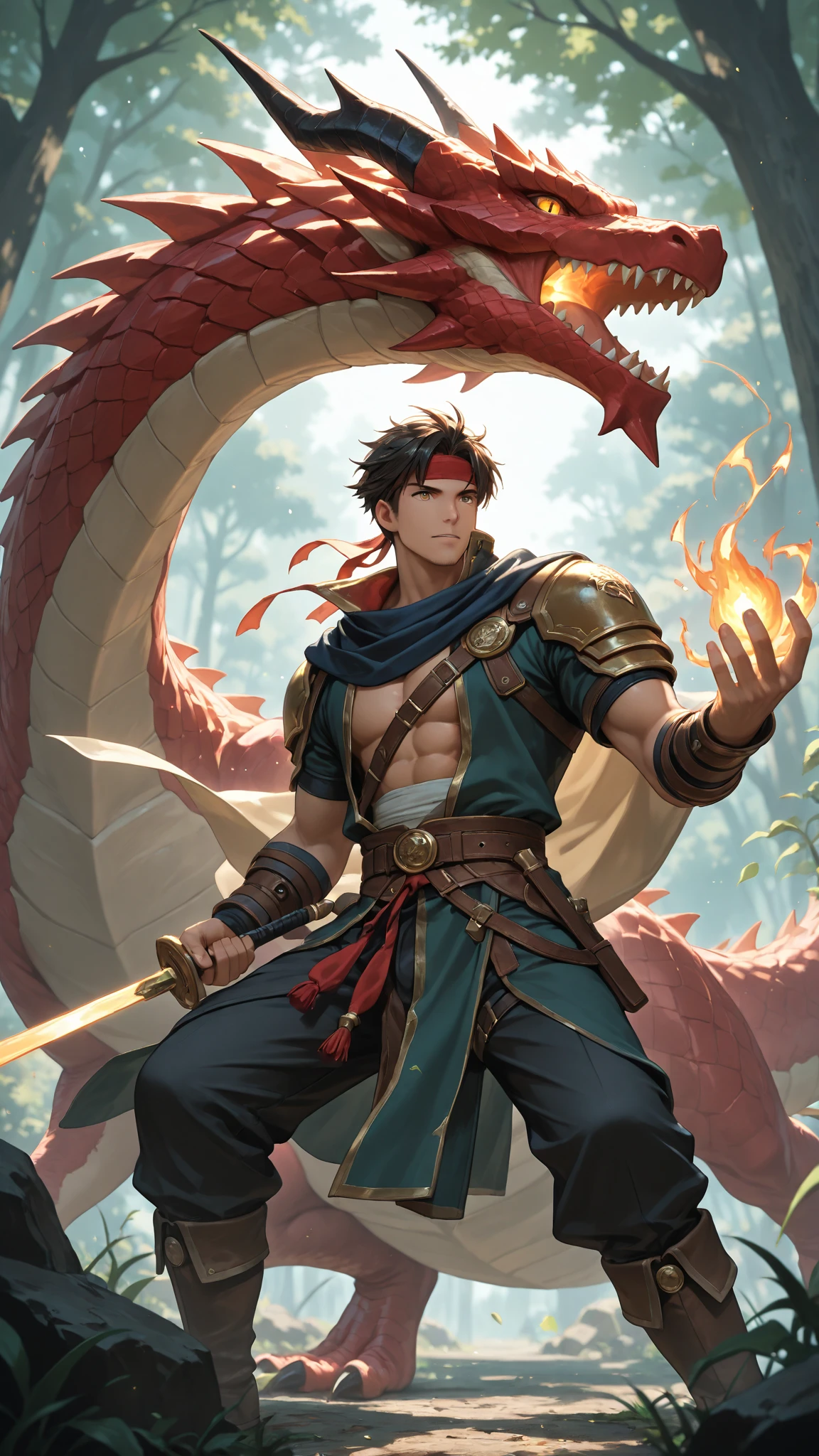 Aalfed man in headscarf and dragon shirt, Pengyin Yin J - Jiang Geping, Zeng Fanqian, Chen Xintong, Huang Huifeng, Liang Xing, Huang Guangjian, Leng Jun, Lin Xiang, Lin Qifeng, Luo Qisheng, Pan Chengwei, Wang Wei, Duan Xiang, Digital Painting, Mark Clairenden and Pixar and Hayao Miyazaki and Akira Toriyama 3D character design, the illustration is a 4K resolution HD illustration with very detailed facial features and cartoon style visuals.