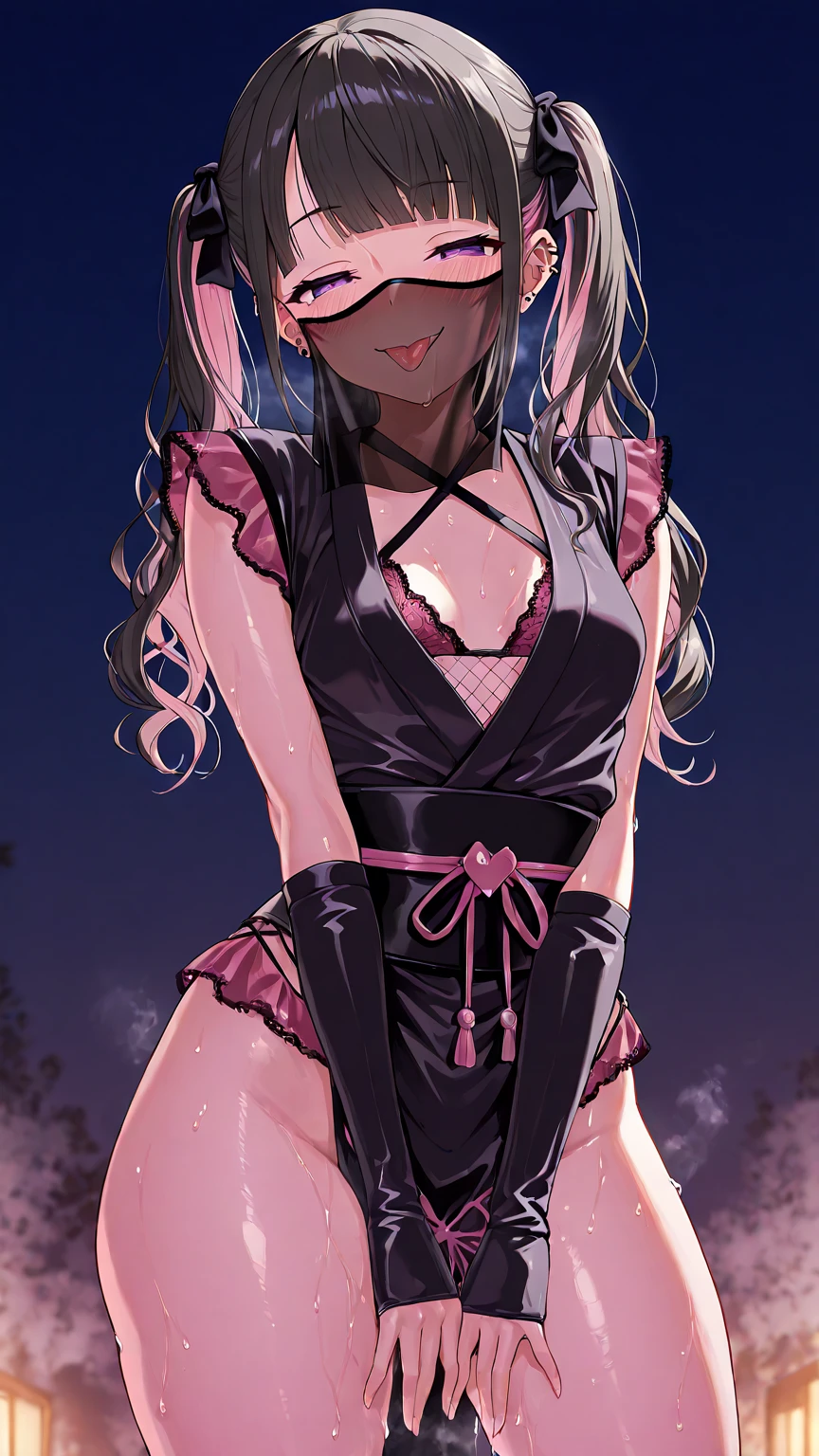 Hands behind back,Tied with hands behind back,lick,from front,front view,looking at viewer, looking ahead,from above,cowboy shot,1girl,Beautiful girl at 13 years old,teenager,Japanese,Slender,,low length,Small breasts,Thin legs,Small Ass,Baby Face,Small face,Black Hair,Short Twin Tails,Gray Eyes,Drooping eyes,slit pupils,narrow eyes.middle School girls,Black collar with black leash,Sheer black and dark pink negligee,lingerie,open mouth,tongue out,front face,Kneeling,Straight Stand,Beautiful and detailed anime art,Mischievous smile,Sexy vibe,cum on tongue,Dimly lit room,On the bed,Simple Background,Gray background,Dim white lighting,