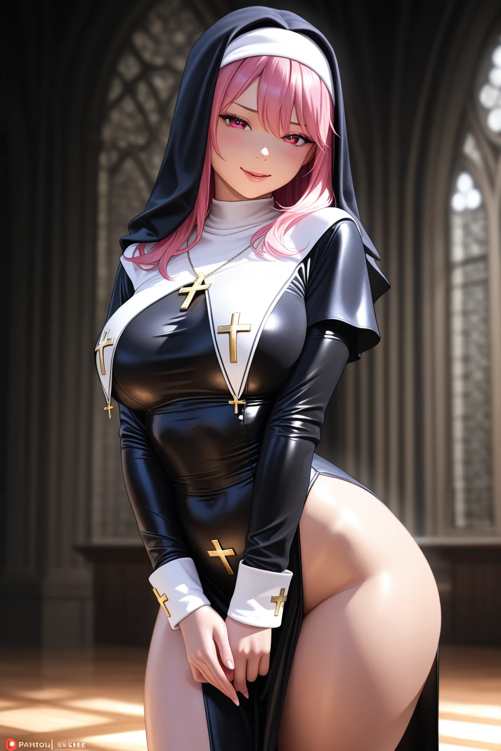 A seductive nun, adorned in a sexy costume, stands provocatively inside a divine cathedral, holding a cross with a mischievous smile, embodying the essence