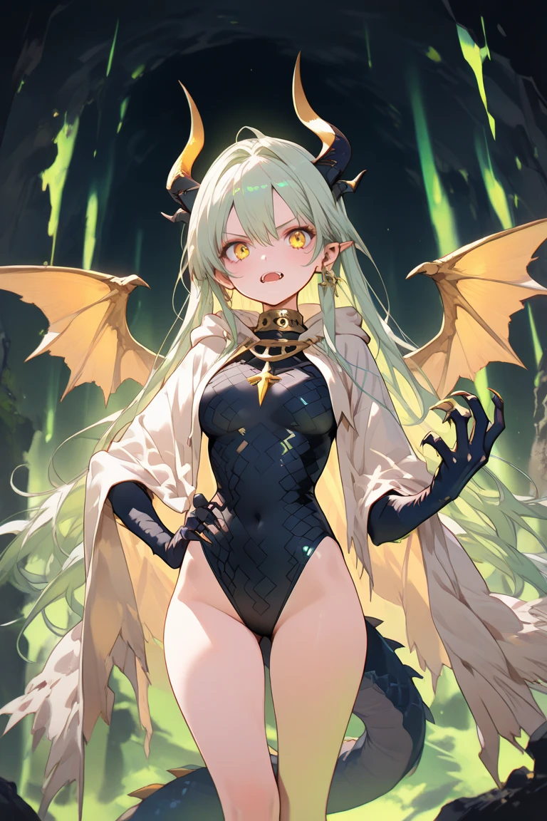 A woman, flowing white hair, melancholy eyes, yellow pupils, black diamond-shaped hairpin, Woman lying her body on a very large and soft golden silk cushion, Dutch angle, Black shredded dragon wings sprouting from his back, arm support, arms up, incoming hug, pov, reaching, reaching towards viewer, looking at viewer, cowboy shot, dutch angle, lying down,