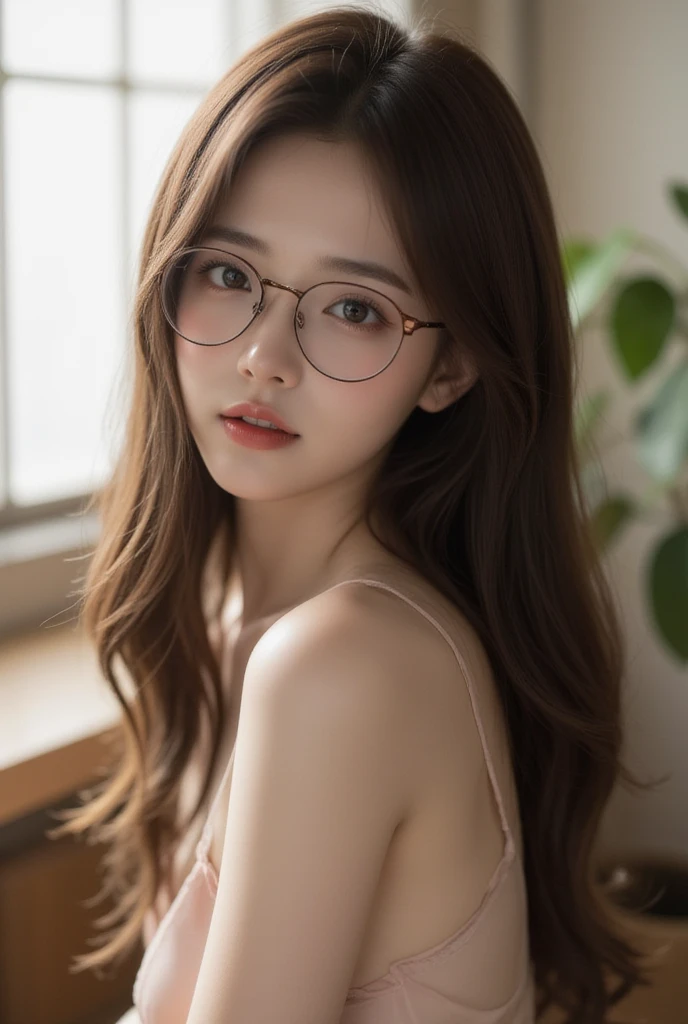 1girl, star eye, blush, perfect lighting, red hair, red eyes, Detailed face, bangs, inside a house, realist, smiling, camera raw, half body photo, masterpiece, best quality, 4k, high quality, wearing glasses