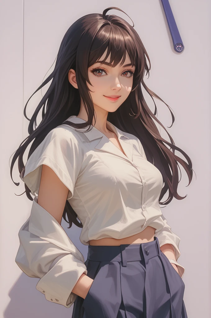 masterpiece, (realistic:1.3), photorealistic, best quality, petra_academy, braided ponytail, facial mark, ascot, white shirt, black high-waist skirt, cowboy shot, pumping fist, smile, determined expression on face,  <lora:oc_v10:0.8>, nsfw