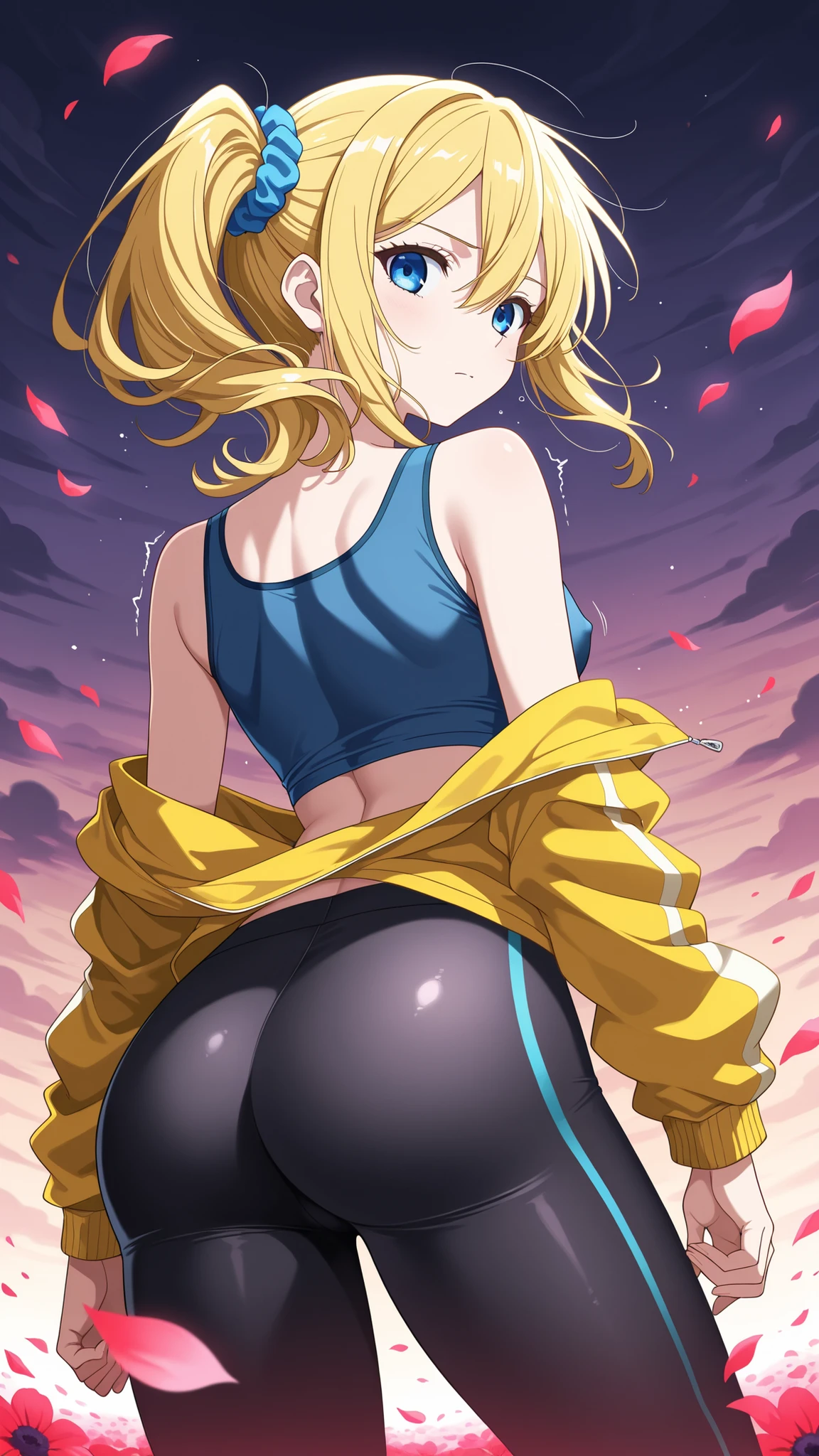 (Masterpiece), Best quality, Expressive eyes, Perfect face, Blonde hair with brown highlights, Explosions, Blue eyes, 13 year old girl , Female, Short black t-shirt,, British, her ass is showing