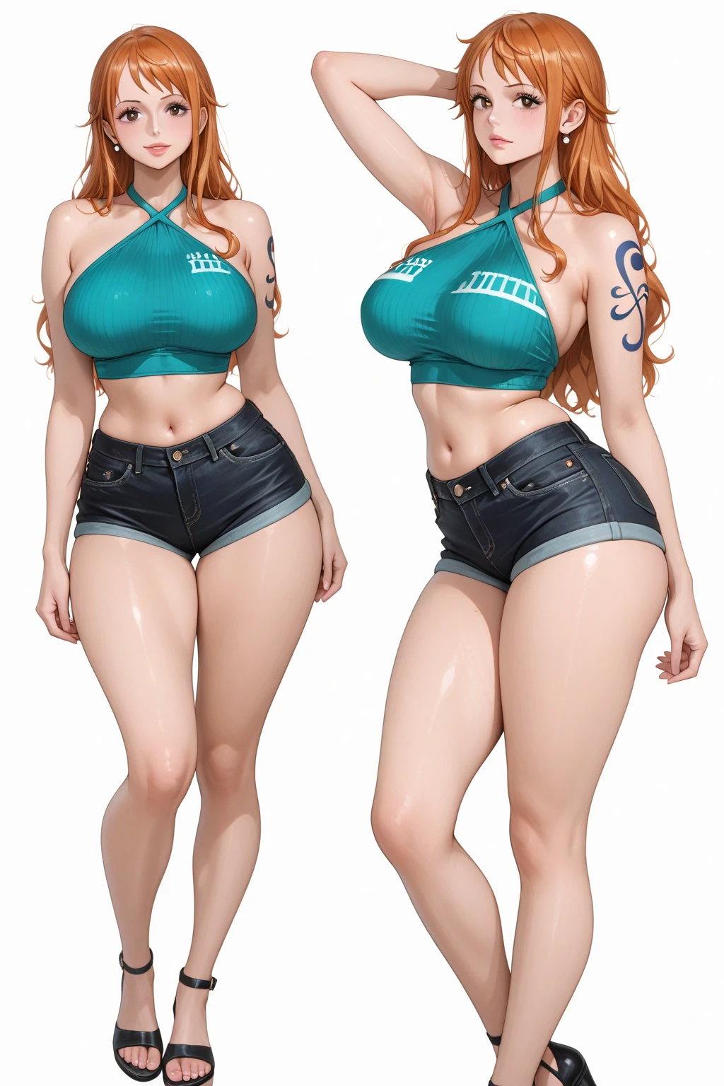 ((Best Quality)), ((Masterpiece)), (((detailed character sheet, frontal view, side view, three quarter view))) white background、one piece、whole body、whole bodyイラスト、whole bodyアニメーション、whole bodyリファレンスシート、denim、Tank top、High heels、Swimwear、bikini、original、New World、Long Hair、Orange Hair、Tattoo on left arm、Ring belt、Heighten your head、smile、Cute face、Narrow waist、Long legs、Beautiful feet、9 heads body、beautiful lady