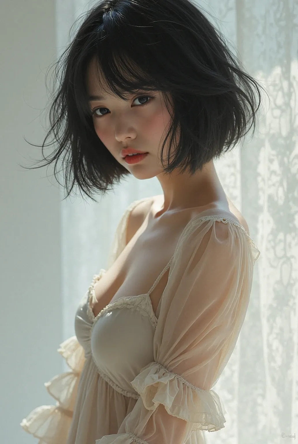 Asian male kpop idol with white skin and black hair wearing a maid outfit looking forward and toned body
