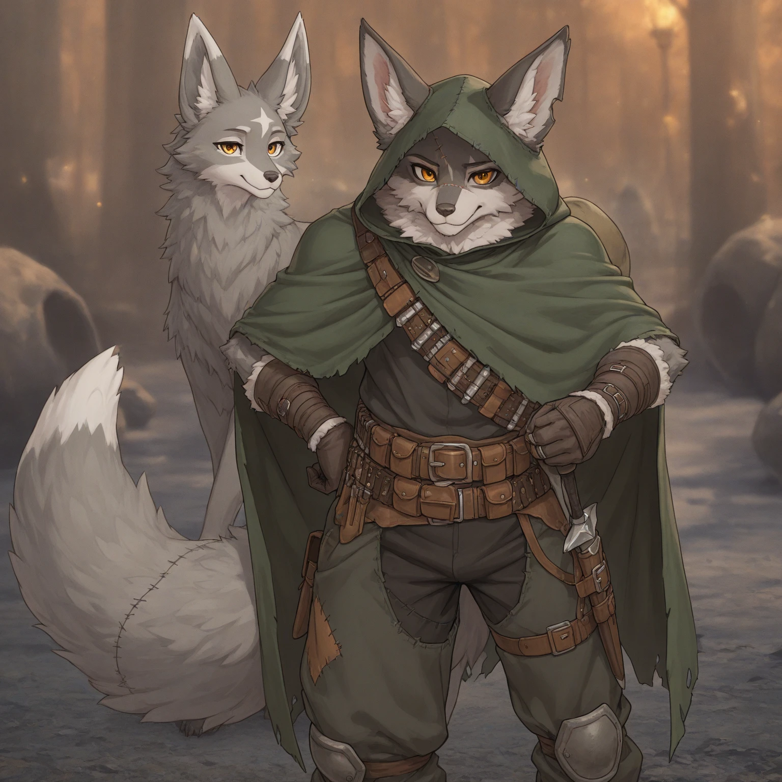 (((sfw))), high quality, best quality masterpiece, the best definition add_detail:1 aesthetic and lighting details silver fox male master rogue, modest black flanged leather armor, with dark green cloak, mature femboy, serious intense expression, thin body, snowy mountain landscape, body with scars, detailed eyes, pupila amarilla golden yellow eyes add_detail:1
