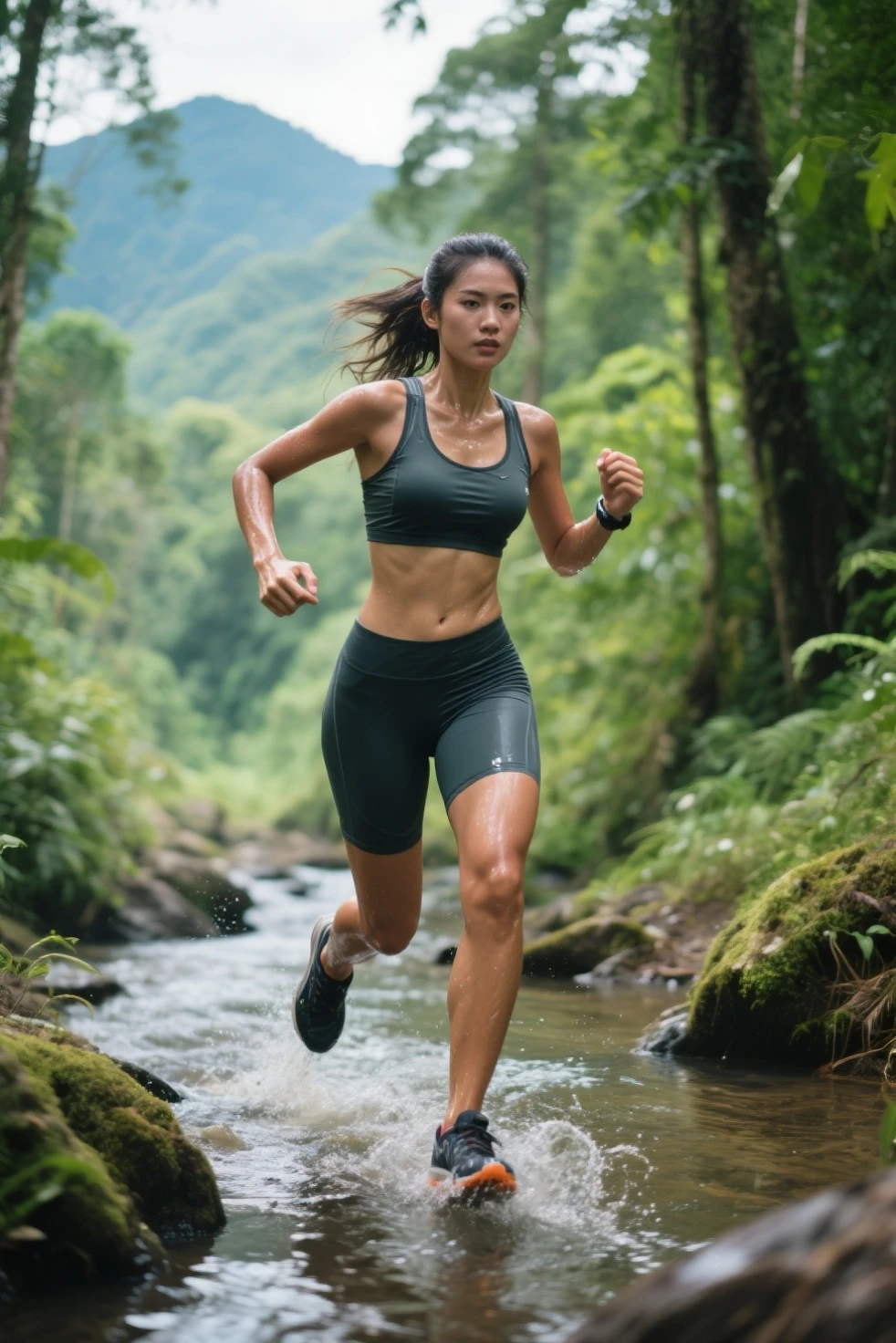 Modern woman infused with ancient athlete traits, running beside a river under a radiant sun, surrounded by spectators along the banks, wearing a high-performance outfit with Amazonian warrior motifs, lightweight breathable footwear highlighting her athletic physique and endurance, hyper-realistic photographic photo-realistic