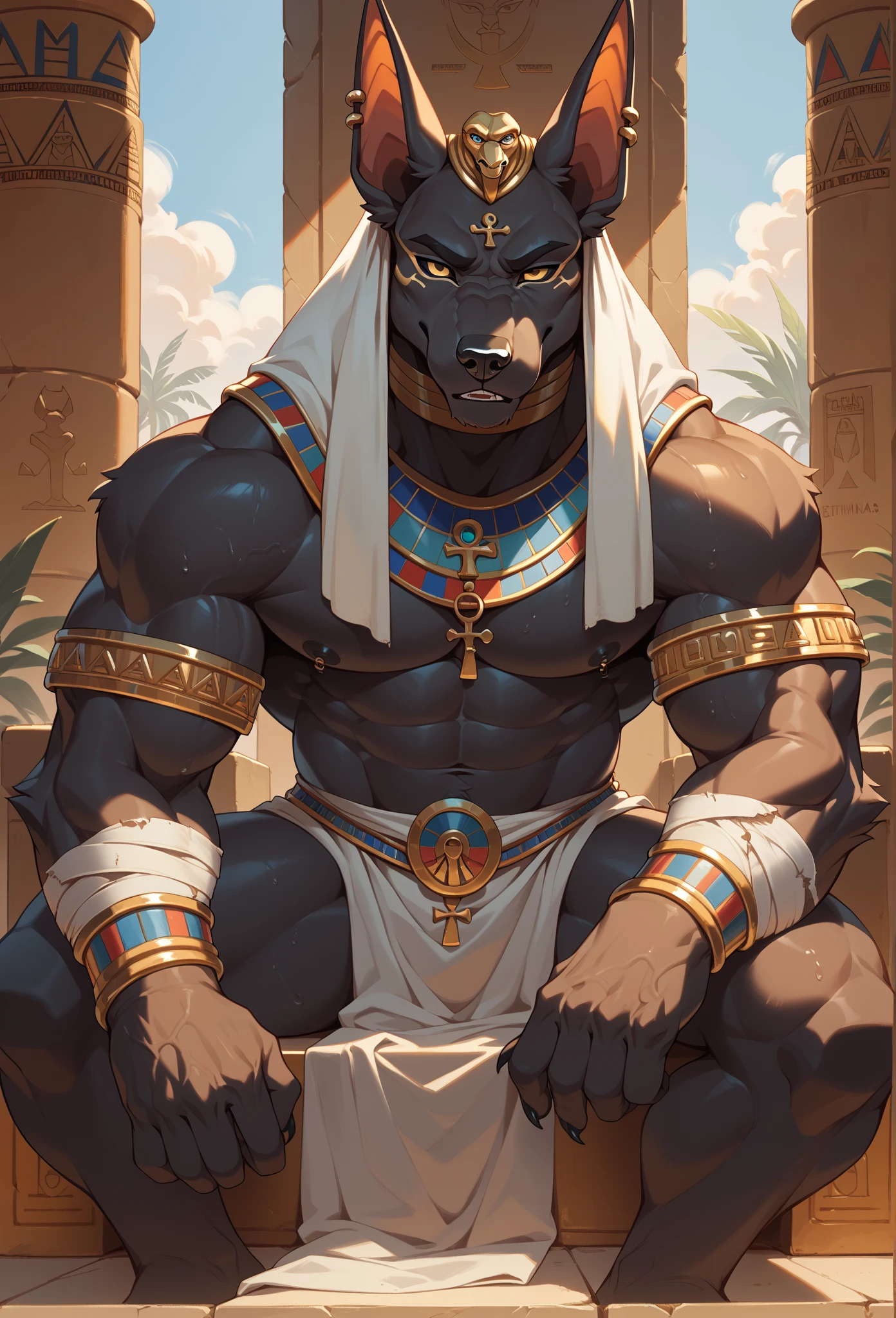 anubis jackal，Behemoth，4k HD，wallpaper, egyptian armor, anubis mask, sitting on a throne, (bara pecs: 1.4), (dense oversized huge pecs: 1.1), (big crotch bulge: 1.5), loincloth, dark dramatic lighting, epic, dutch angle