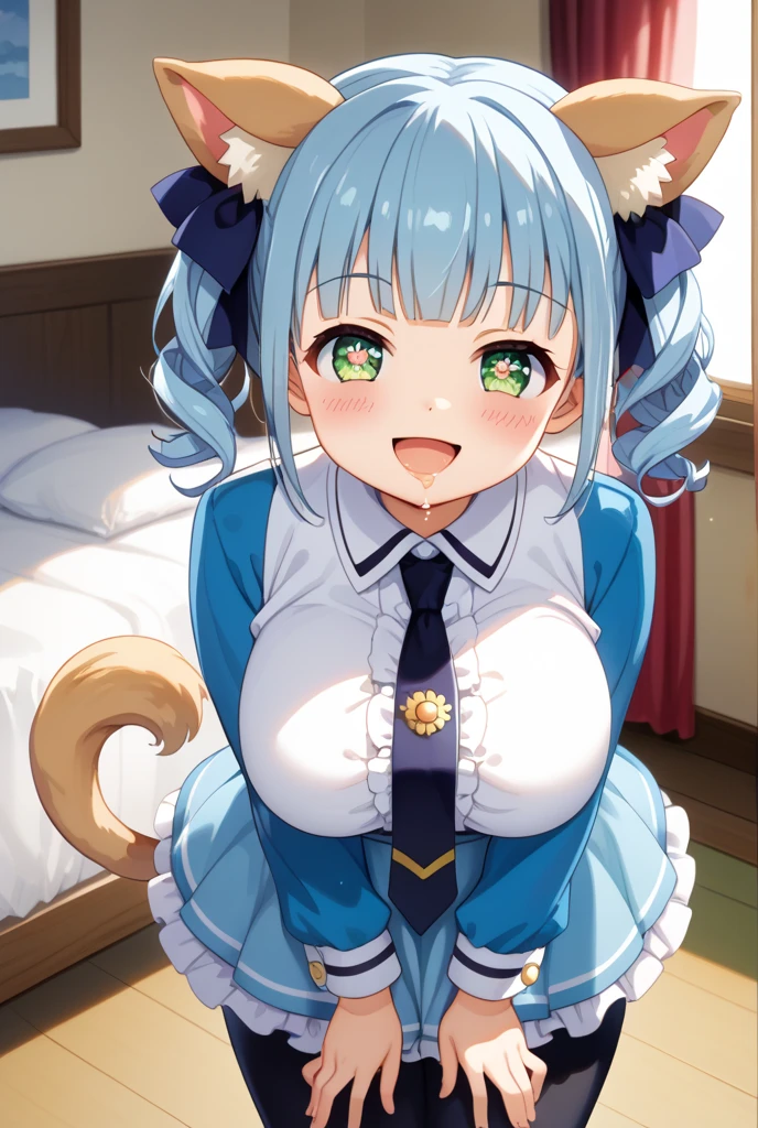 masterpiece, best quality,
<lora:gui:0.3>,1girl, solo, animal ears, tail, gloves, collar, bell, short sleeves, puffy sleeves, neck bell, skirt, tail ornament, yellow eyes, bow, cat tail, breasts, cat ears, smile, puffy short sleeves, looking at viewer, tail bow, jingle bell, cleavage, indoors, purple hair, ribbon, bowtie, frills, hair ribbon, standing, short hair, red bow, blush, blue skirt, large breasts, white gloves, green gloves, tatami, red bowtie, slit pupils, hair bow, bangs, frilled skirt, shirt, cowboy shot, white ribbon, tail ribbon