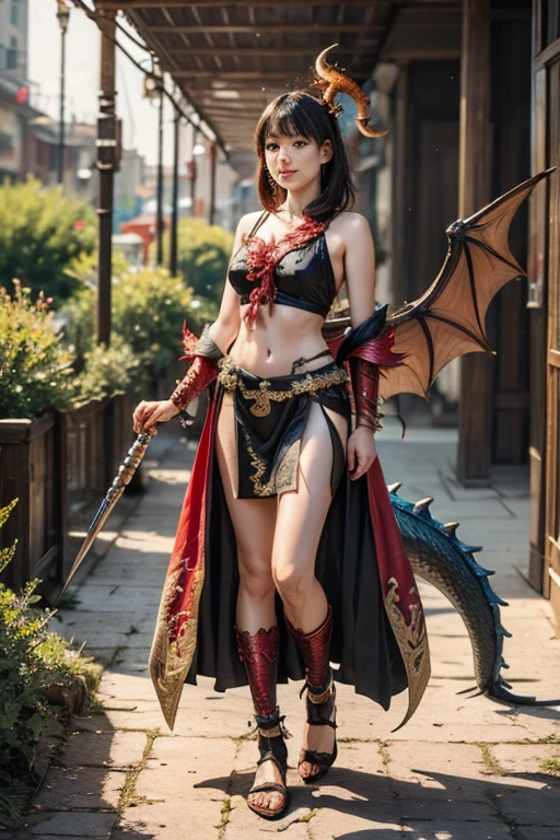 Highest quality, Highly detailed CG Unity 8k wallpaper,Dark fantasy setting,Beautiful female Japanese demon,,Tight clothing,Large Breasts,Burning Devil Wings,Sharp Corners,Have a flaming sword,Cast a Shadow,Standing on top of the temple,Otherworldly power,Dynamic Lighting, Depth of written boundary, Best Shadow, Stable Diffusion Model, Sparkling