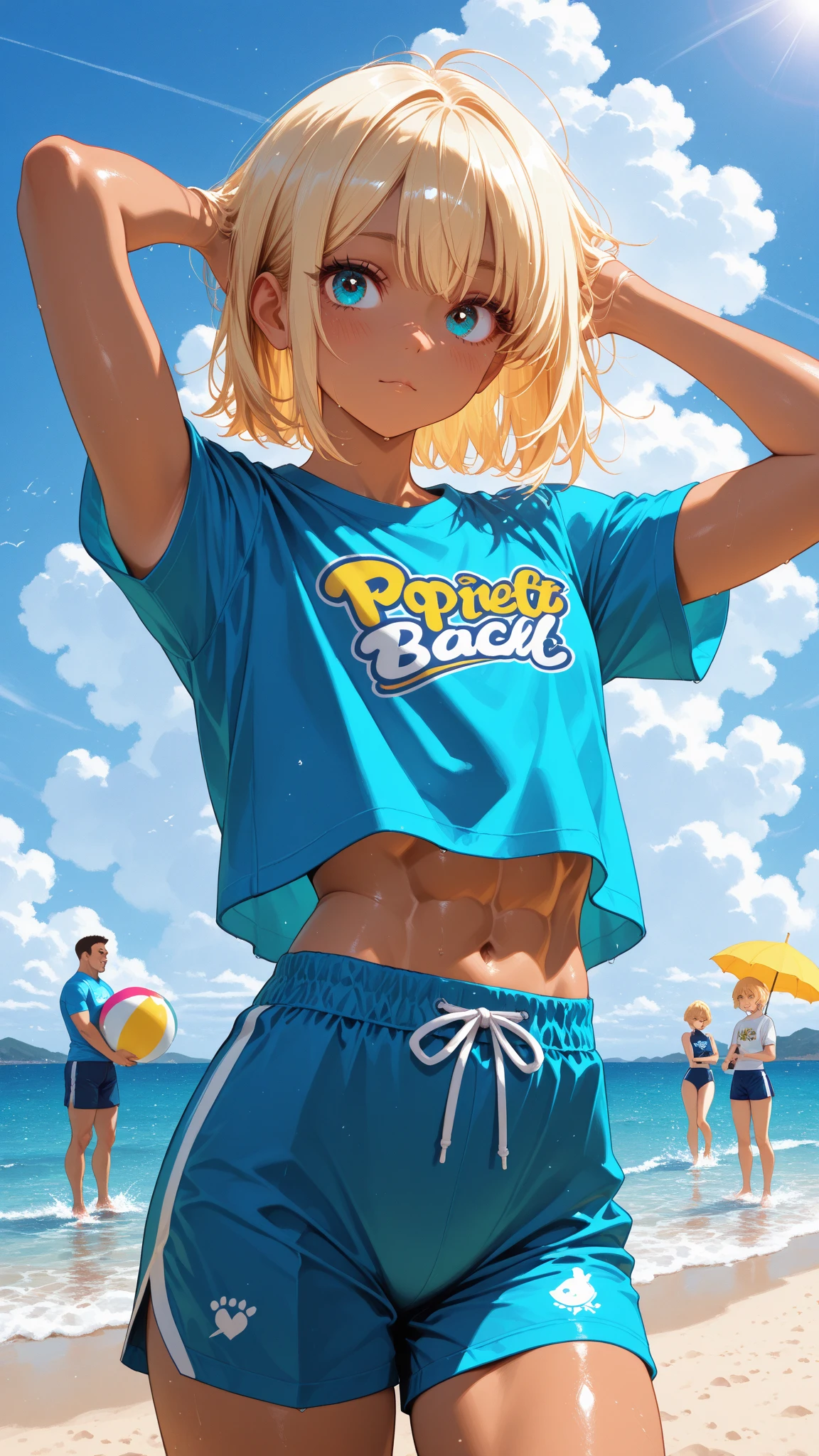 The character in Roblox has blonde hair, short hair, wears a blue shirt, female, wears blue shorts, black shoes, a plate of watermelon on her head.