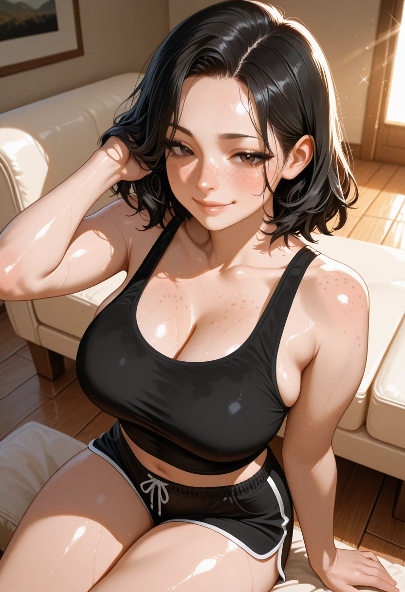 masterpiece, best quality, shadows, perfect hands, perfect legs, perfect anatomy, pretty face, mature features, posing, portrait, 1 girl, 2, green siren eyes, black straight hair, tight gray jeans, wet crop top, seductive eyes, blushing, flirty, pretty smile, huge ass, breast, thighs, seductive, spicy, hot, flirty, nsfw,
