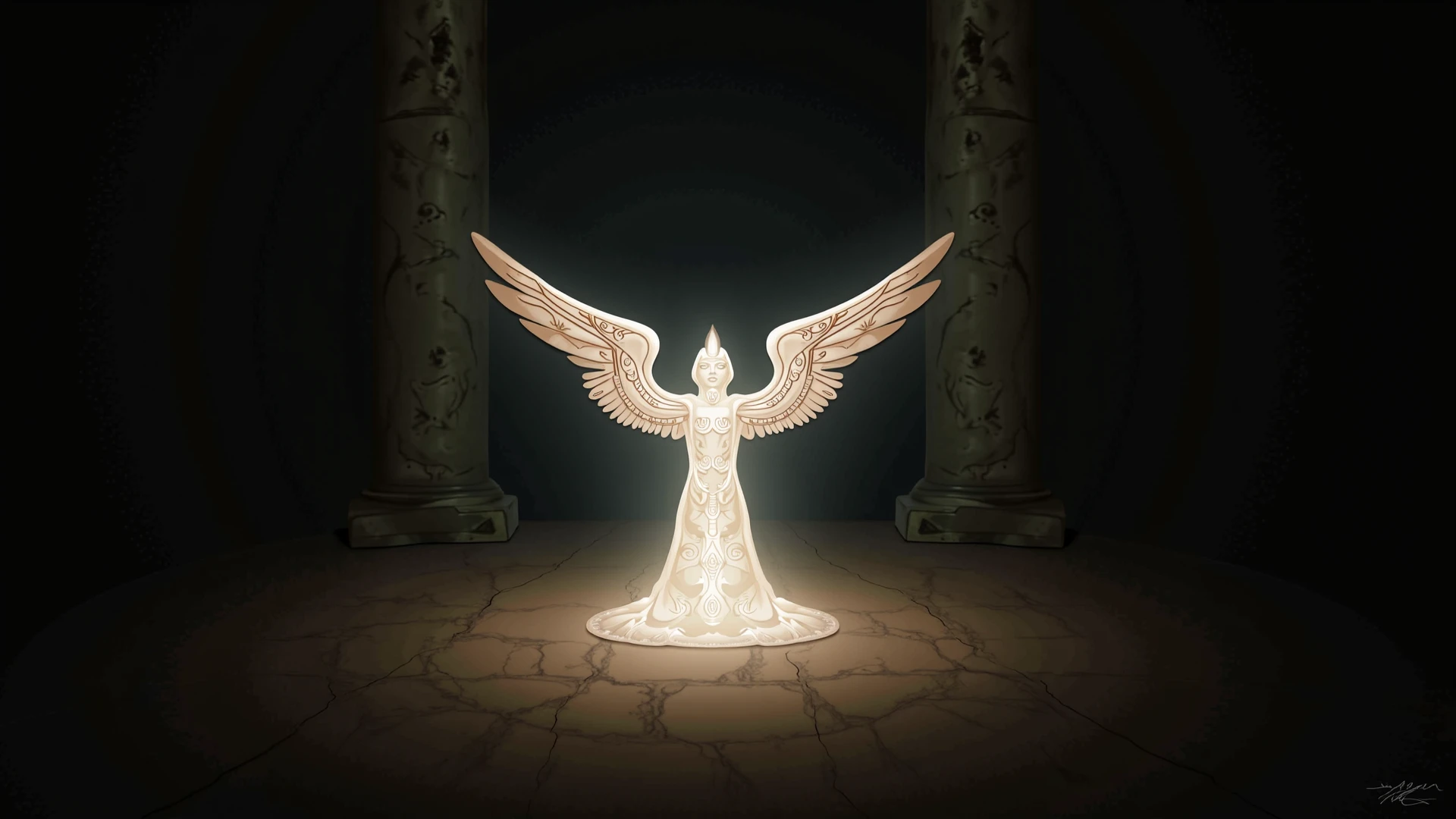 A white figure of a hooded angel, arrodillado, with one hand resting the fingers on the ground and the other holding the hilt of a sword stuck in the ground. La gasa se dirige a lo lejos. The wings are folded behind the back. The figure is made of white ivory. se coloca sobre un soporte redondo como una pieza de ajedrez. The general image consists of 3 images. Vista frontal, vista lateral y vista trasera. Para crear un modelo 3D. Everything is very detailed and well drawn..