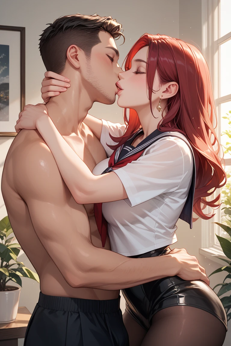 1girl, 1man, duo, a man with long red hair and green eyes and freckles getting force to mate with a girl with black hair, the man is muscular, girl sitting on man laps, girl leans on the man chest, girl arms over man shoulder, man grab girl waist, kissing, sweating alot, saliva, Drooling, blushed, shiny skin, aroused, the man is shirtless, man wearing red sweat pants, girl wearing green sport bra with sleeves, girl wearing black sweat pants, this scene is shoot at the gym, side view,