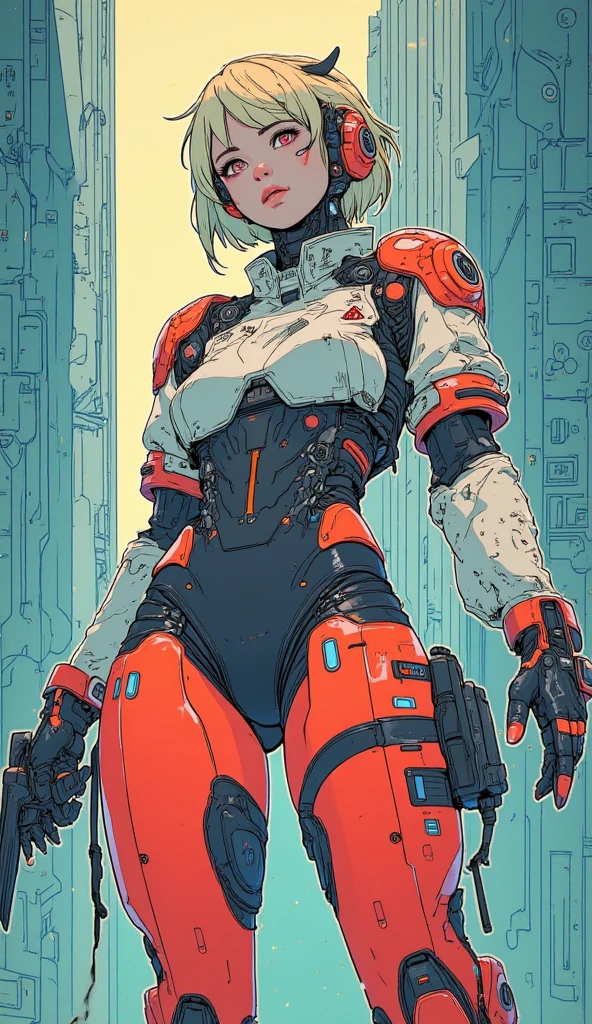 (((devilish smile))), (((tangerine suit))), (((white hair bob haircut))), (((metallic arms))), (((muscles))), (((Colossus))), (((X-man))), (((melhor qualidade: 1.4))), (((full metal))), (((DuneWalker))), (((post-apocalypse))), (Unbeatable masterpiece), (hiper HD),(CG 8k hiper-realista), 1Garota armada em um mundo futurista usando roupas coloridas e modernas. Corte de cabelo ultra moderno, perfect body with robotic parts, seios grandes, bunda perfeita, muscles without exaggeration, rosto lindo com olhos azuis penetrantes, add textures to clothes and create something different from the usual, add accessories like garter belt, espartilho e luvas com listras, pele bronzeada e com brilho de molhado, industrial environment with giant heavy machines, Intricate machinery and giant robot parts