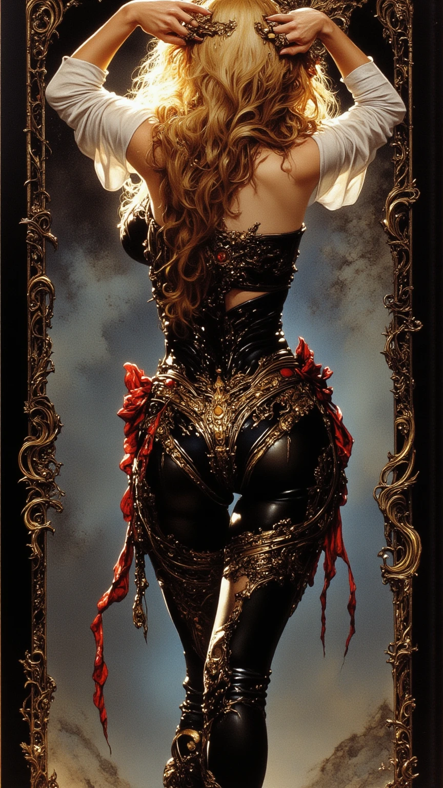 (best quality, masterpiece, colorful, dynamic angle, highest detailed),raw photo,(reality:1.4),colorful,(1girl),wearing dark red armor,cleavage,(no_legwear:1.2),(looking_back),sharp eyes at the audience,in the style of dark gold and red,fantasy characters,hyper - realistic portraits,Film Composition and dramatic Lighting,insanely detailed and intricate,(NSFW),[<lora:IvoryGoldAIv2:0.4>],IvoryGoldAI,<lora:å¥³çAdd More Details - Detail Enhancer _ Tweaker (ç»èè°æ´) LoRA_v1.0:0.8>,panorama,(masterpiece, best quality, highres:1.2),