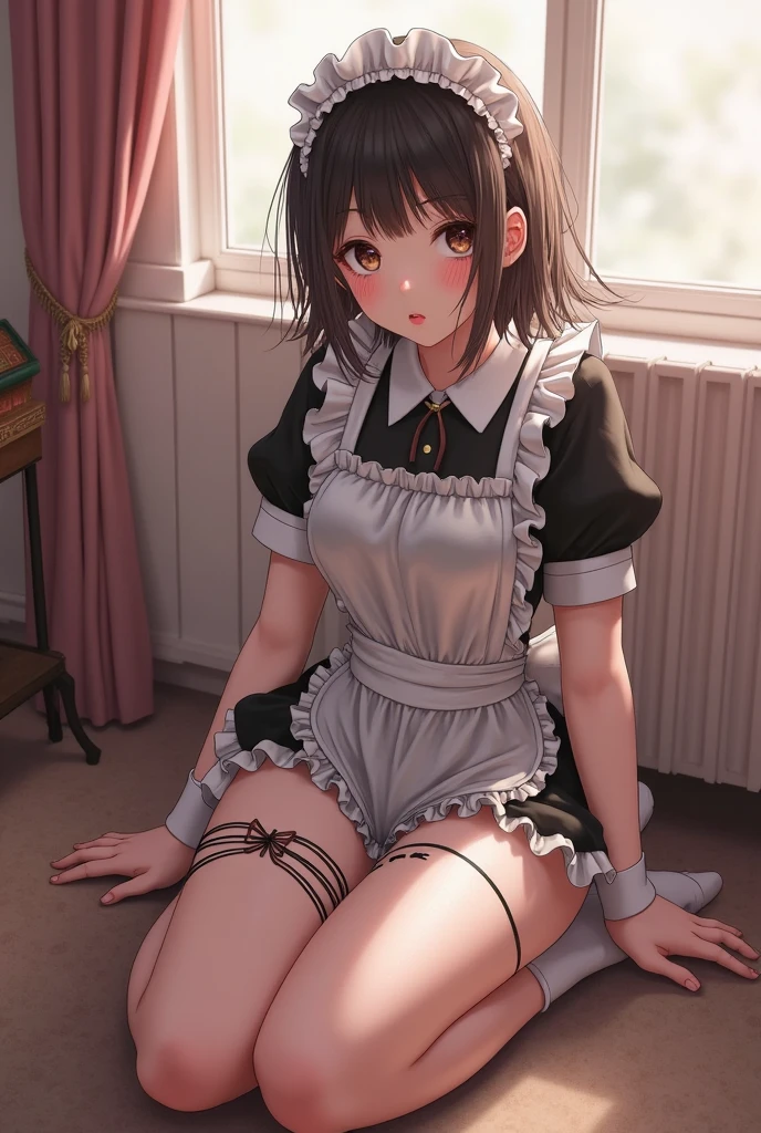 Random actions、land angle、Maid clothes、28 year old woman、lips:Sexy、hair color: Dark brown、transparent skin, skin is white and juicy, (hairstyle on)brown extra short haircut、(Basic Information)happy look、wide open mouth、Moist eyes、knee high stockings、gentle eyes、大きなフルブレストknee high stockings、