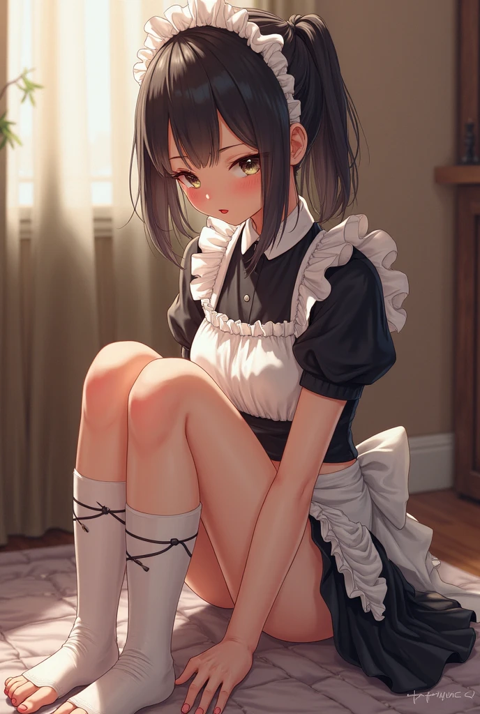 NSFW, (Realistic, photo Realistic:1.2), ((highest quality)), Shift the center of gravity backwards, 1girl, Gorgeous maid outfit、(((Frilled leotard costume)))）、Princess、Laughter、Bright and sunny royal garden、young、16 years old、Full body description, (squat:1.2)