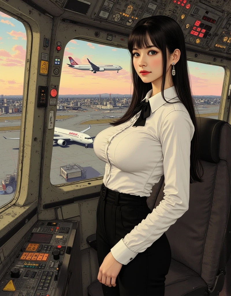 (masterpiece, Highest quality, 8k, Intricate detaileds, 超detailed, Ultra-high resolution,) 1 female, alone, A beautiful and ripe year, (Flight attendant uniform:1.4), Are standing, ((Beautiful Face)), (detailedな顔), (Perfect Teeth), double eyelid, eyelash, 唇のdetailed, Grin, (Black short hair), (Huge breasts), detailed, Perfect body, ((Cowboy Shot)), (background: Inside the plane)