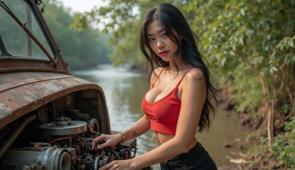 (Extreme Wide Shot:1.5),(scrap yard:1.5),(thai woman),(super highponytail hair),(huge breasts:1.5),(tanktop:1.2),(smile:1.3),heavy makeup:1.3, necklace,Earrings,highest quality,(((masterpiece))),8k,(((Photorealistic))),