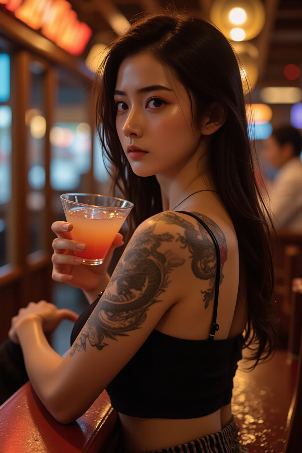 Best quality, masterpiece, ultra high res, (photorealistic:1.5), raw photo, 1girl, offshoulder, in the dark, deep shadow, low key, cold light, sexy look, short hair
