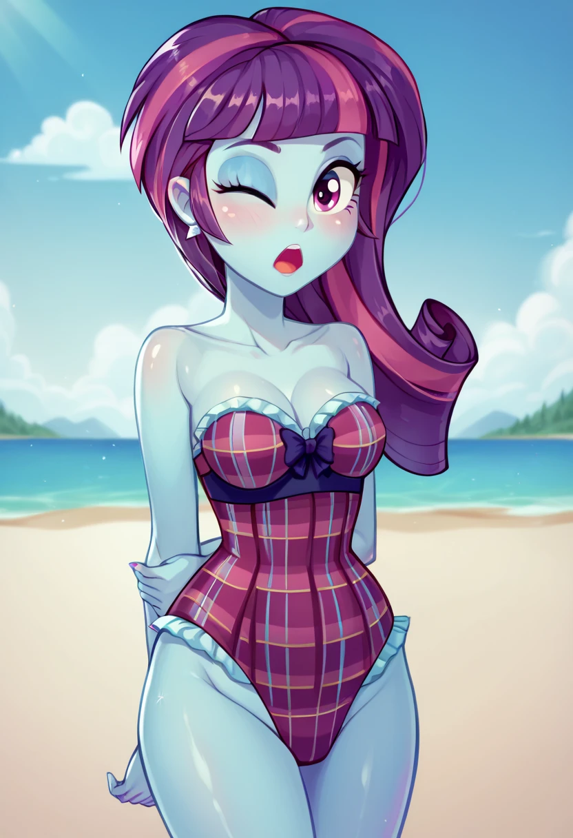 Twilight Sparkle, solo girl, naughty face, blushing, smiling, wearing bikini, big breasts, sexy body, Twilight Sparkle Equestria girls, full body, Standing, at the beach, Twilight Sparkle, cuerpo completo, High resolusion. 