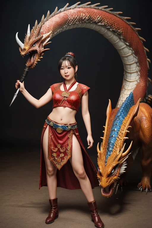 (Fight goblins、ogre、Fierce battle with orcs),top-quality、​masterpiece、超A high resolution、(Photorealsitic:1.4)、Raw photo、女の子1人、(((Chinese dragon background))),（Armor with beautiful patterns in every detail）、(((heavy breasts))),glowy skin、(Random hair),(((Detailed Micro Bikini Armor)))、Fight with beautiful swords and shields、(((Mystical expression))),(((Have a gorgeous and long magic wand))),（Gorgeous blue rubber body）),（Fighting strong enemies）、Fight fiercely、(Background of decaying dungeon ruins)、（Ultimate Beauty）、(Fighting Demonic Beasts)、(Full Body Angle)、((super realistic details))、portlate),globalillumination、Shadow、octan render、8K、ultrasharp、Colossal tits、Raw skin is exposed in cleavage、Details of complex ornaments、Japan details、highly intricate detail、Realistic light、(Mystical expression),CGSoation Trends、Red Eyes、radiant eyes、Facing the camera)、Toostock、Ultimate Beauty、Detailed sword）、(((dragon background))),