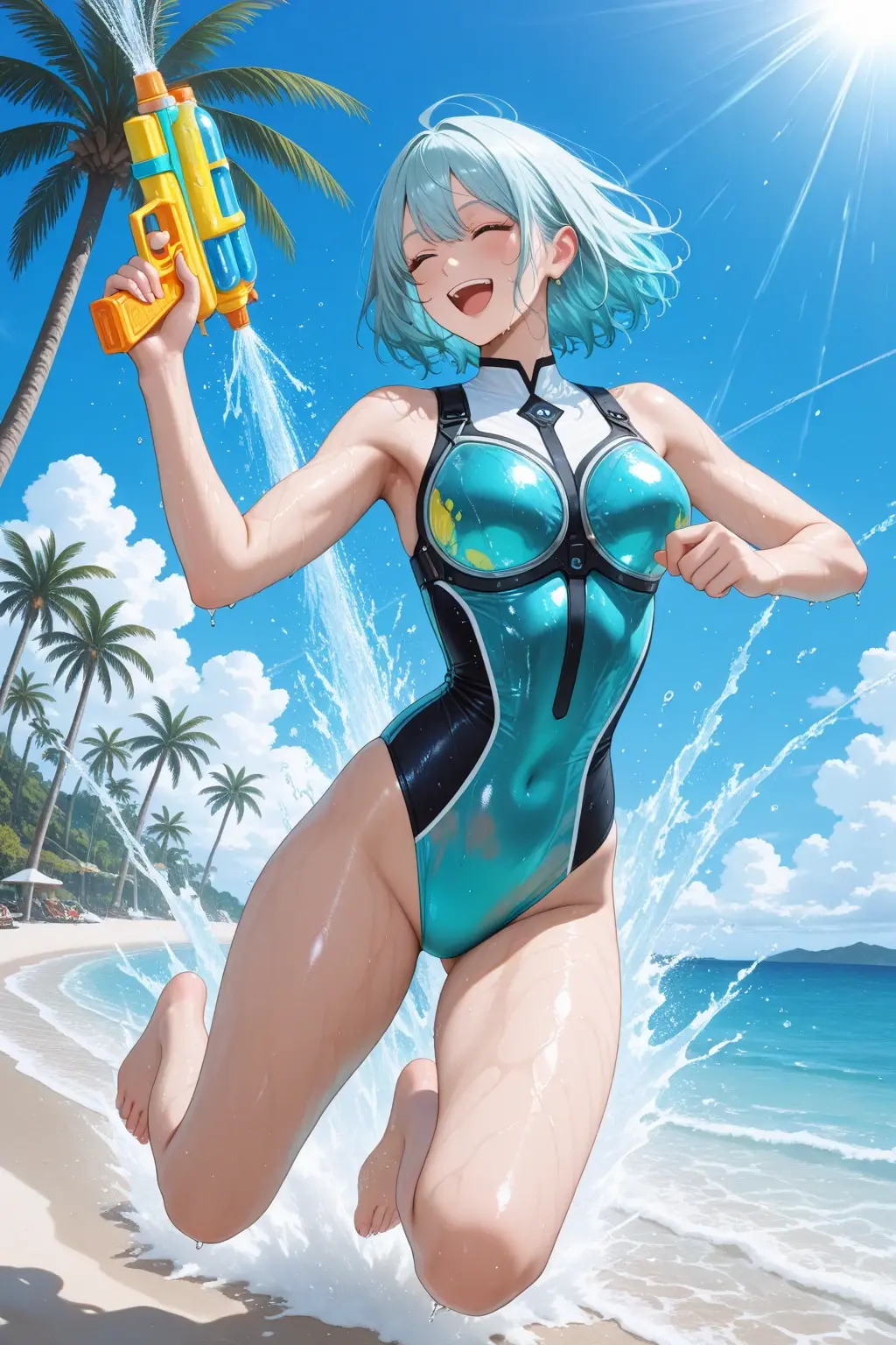 Seiun Sky \(umamusume\), long hair, one piece swimsuit, large breasts, thighs, swimming pool, (soaking wet:1.2), smiling