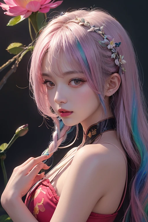 (RAW Photo, Best Quality), (Realistic, Photo Realistic: 1.3), Best Quality, Highly Detailed, Masterpiece, Hyperdetail, Illustration, (1girl: 1.3), Solo, Body Parts, Official Art, Uniform 8k Wallpaper, Close-up of a person with long hair and colorful hair, Colorful braids, pink double-tailed hair and cyan eyes, anime style,