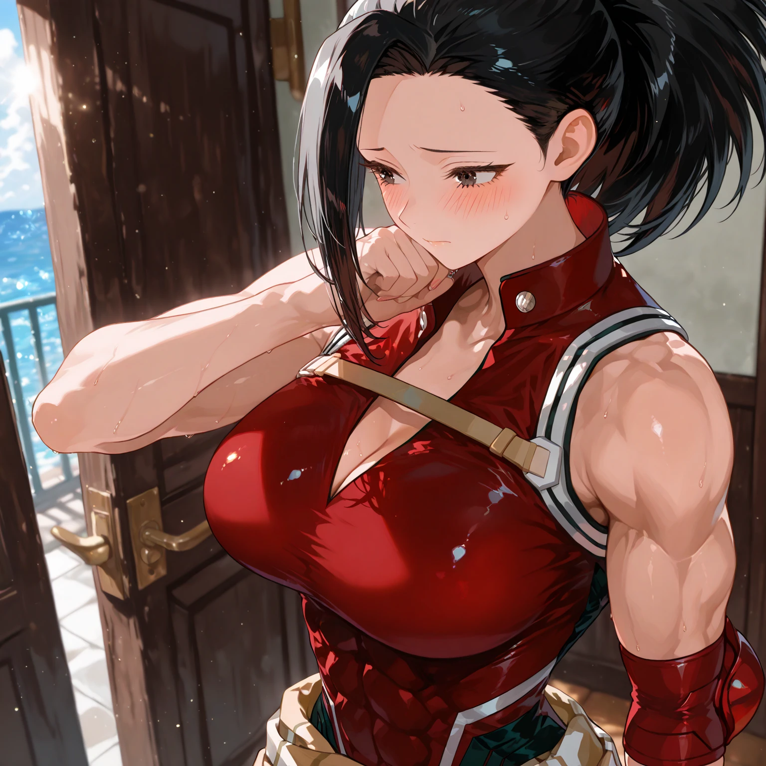 (obra maestra), mejor calidad, ojos expresivos, cara perfecta, tetona, escote, Pechos grandes, Escote, leotardo rojo, brazos desnudos, sonrisa, momo mha, yaoyorozu momo, fondo rojo sencillo, Abdominales delgados,