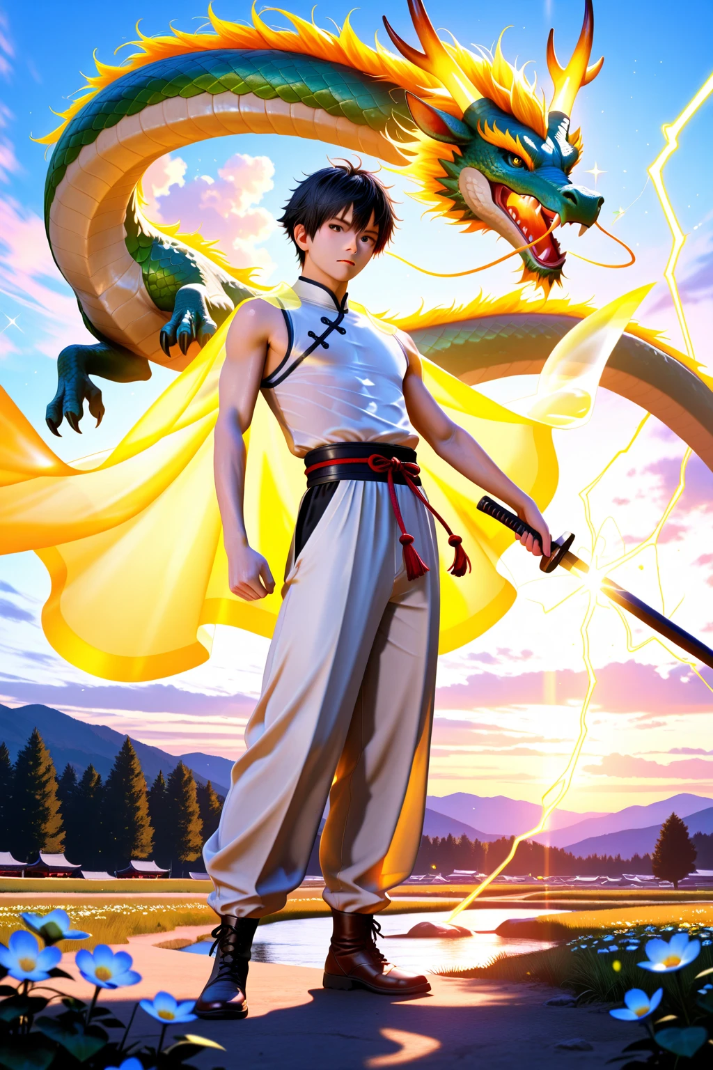 (Absurd, High Resolution, Super Detailed), Asian, 1 male, eighteen-year-old boy, handsome, tall muscular man, broad shoulders, very short hair, bottom cut, dark brown eyes, fine eyes and detailed face, extremely detailed CG Unity 8k wallpaper, intricate details, (style swirl magic: 0.7), looking at the audience, solo, (full body: 0.6), detailed background, detailed face, (European medieval fantasy theme: 1.1), hair fluttering in the wind, martial artist, Dynamic pose, fighting stance, clenched fists, fingerless gloves, wristbands, dragon-themed costume, monk robes, bamboo forest in background, swirling floating particles, dynamic composition, mysterious oriental medieval atmosphere, upper body naked, big muscles, white rubber pants, (((((crotch bulge))))