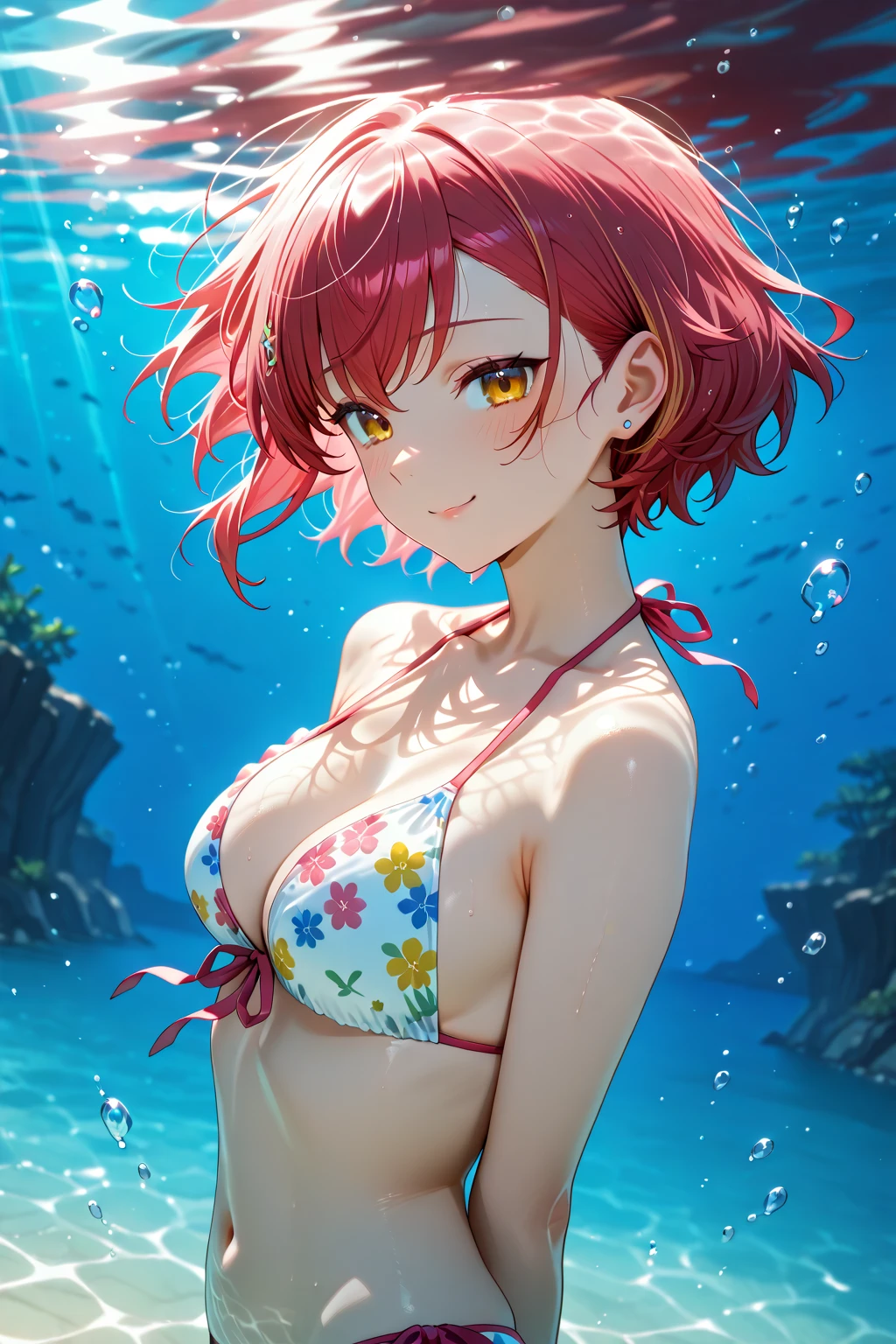 yuiyuigahama, yui yuigahama, short hair, (Brown eyes:1.5), (Pink Hair:1.2), Hair Bun, single Hair Bun, smile,Bikini Swimwear,barefoot,
Floating Hair, In the water, bubble, fish, fluorescence,Sea Turtle, Seaweed,
break outdoors, In the water,
break looking at viewer, (Cowboy Shot:1.5),
break (masterpiece:1.2), Highest quality, High resolution, unity 8k wallpaper, (figure:0.8), (Beautiful attention to detail:1.6), Highly detailed face, Perfect lighting, Highly detailed CG, (Perfect hands, Perfect Anatomy),