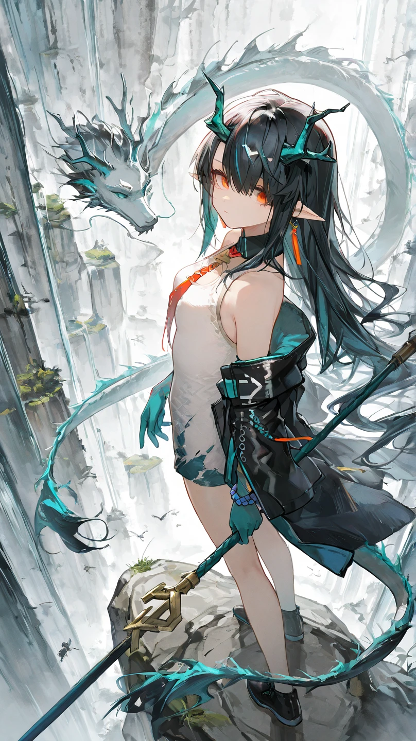 beautiful girl1人,(beautiful girl : 1.3),masterpiece,top quality,High Quality Images,8k,Textures,
1 girl,dusk(Arknights),smaller , oriental dragon,during an escape、,a group of giant creatures,hand-painted dream world,watercolor stain,ink painting touch background,Thick outline,Ant High King's staff,valley,waterfall,left-handed sword,angle seen from above,Standing on a rock surface