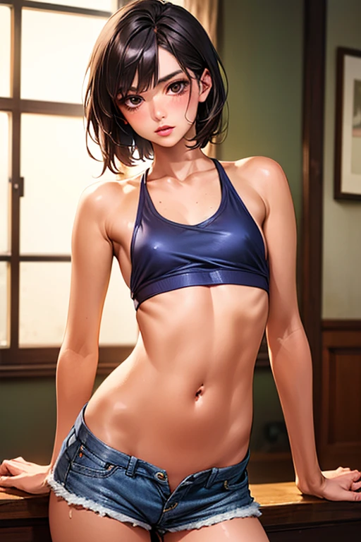 Highest quality,Highest Resolution,A beautiful girl with a crying face wearing high-cut gym clothes,Bedroom,Brown hair short bob,Tears,Transparent nipples,sweat profusely,drooling a lot of saliva,(((Drink))),Very beautiful eyes,Night view outside the window,whole body,front,Leg spread,