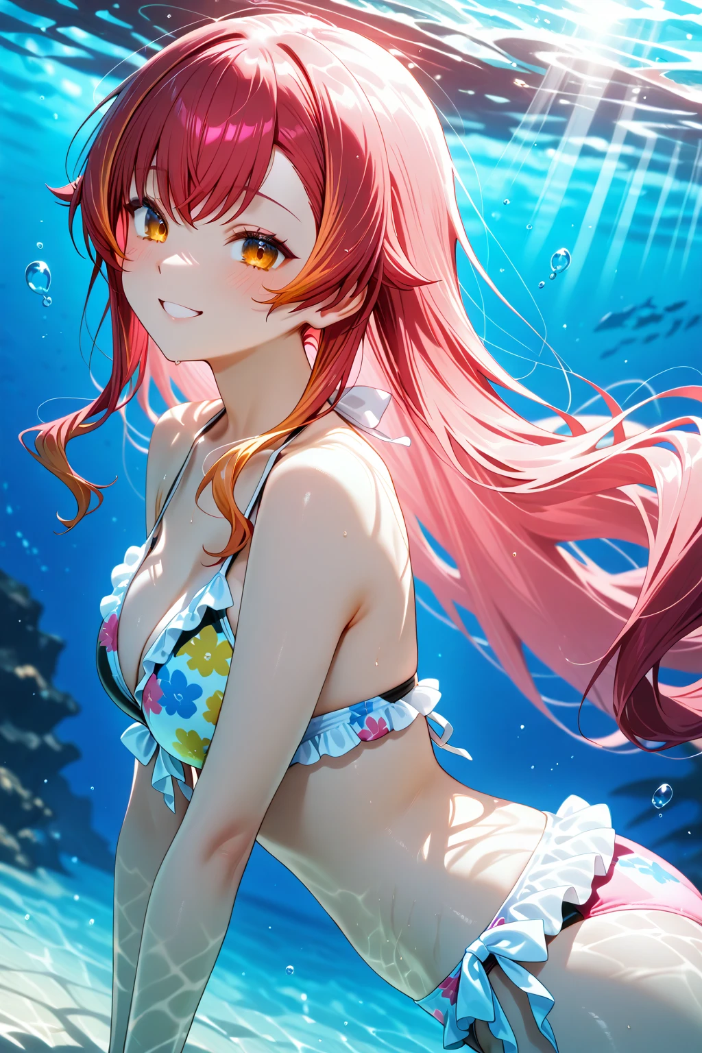 (8k, masutepiece, Best Quality, Official art, beautiful detailed, beautiful lighting, best masterpiece in history that exceeds limits), (1 Girl, solo), (sixteen years old), (beautiful detailed face), (wet shiny white skin), (Beautiful big bust:1.3), (thighs, navel), (beautiful detailed pink twin tails hair, bangs:1.3), (beautiful detailed drooping pink eyes:1.5), (Beautiful detailed cute white and pastel blue horizontal stripes micro bikini, side-tie_bikini_bottom, pastel blue ribbon:1.3), (happy smile:1.2), (dynamic angle, dynamic cut, Attractive, Look at the camera, cute pose), breathtaking scenery, (ultra detailed beautiful in the sea, tropical fish:1.2),