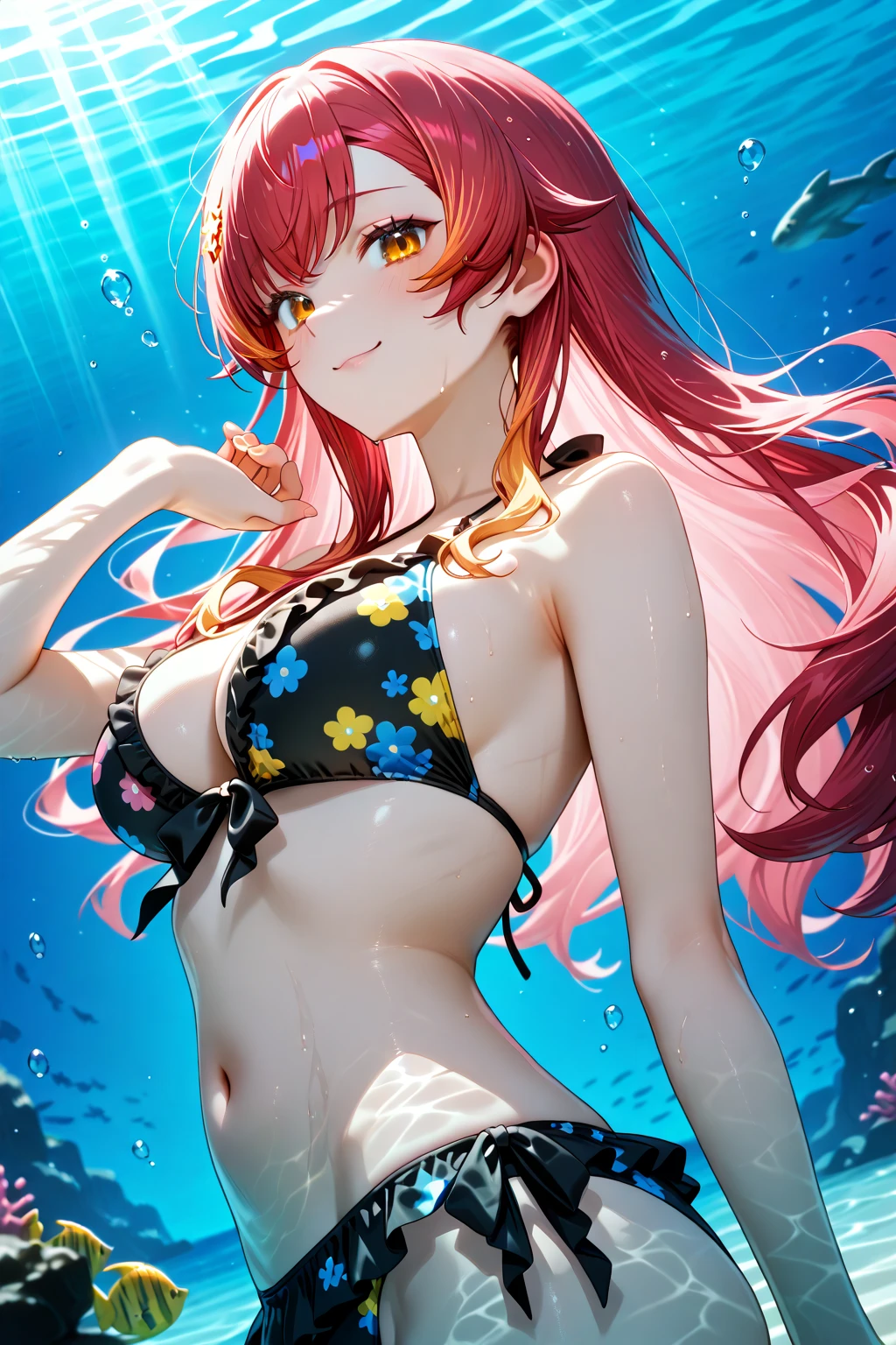 masterpiece, best quality, highres, ho1, blue hair, star hair ornament, mermaid, shell bikini, bracelet, ocean, underwater, smile, waving, red hair, red eyes