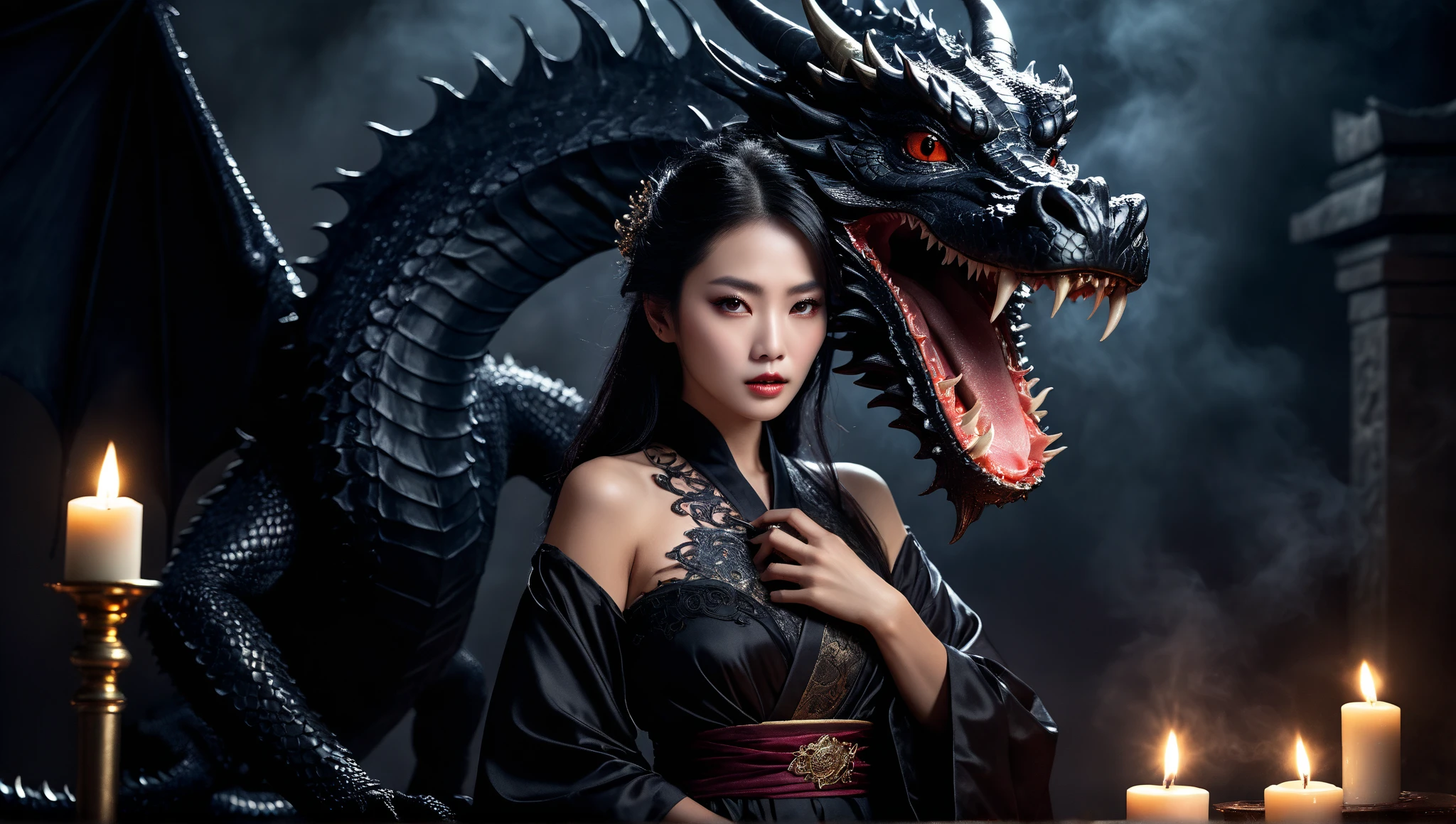 (best quality,4k,8k,highres,masterpiece:1.2),ultra-detailed,(realistic,photorealistic,photo-realistic:1.37),evil mystic black dragon,lovely temptress,seductive eyes,dark seductive atmosphere,Feudal Japan,nighttime,men's rooms,powerful aura,transformation process,magical elements,mystical background,erotically charged,forbidden desires,ceremonial robes,dark shadows,flickering candlelight,whispering winds,hidden desires,mysterious rituals,secretive encounters,mesmerizing beauty,enthralled men,embrace of darkness,bewitching allure,stealing seed,twisted pleasures,unsettling presence,dangerous seduction,clashing desires,forbidden fantasies,intense passion,mystical charm,ensnaring spell,irresistible temptation,tangled emotions,dark secrets,dark seductress.